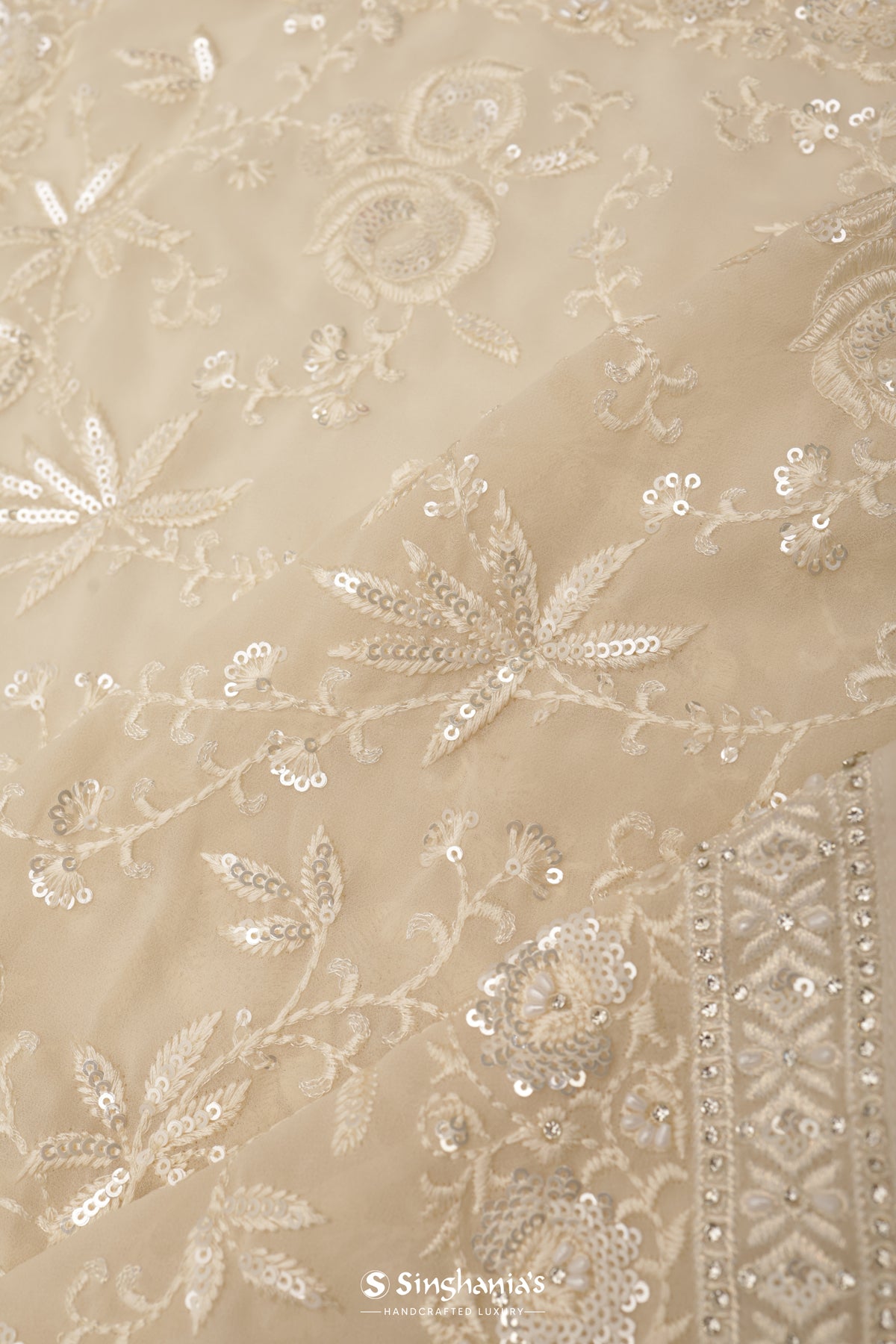 Huntington White Georgette Designer Saree With Floral Jaal Embroidery