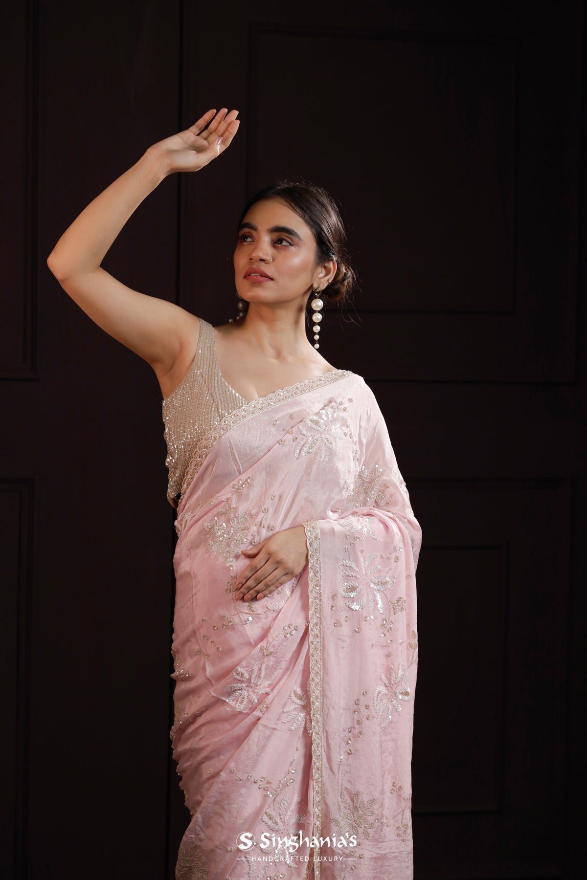 Pastel Pink Organza Saree With Floral Embroidery