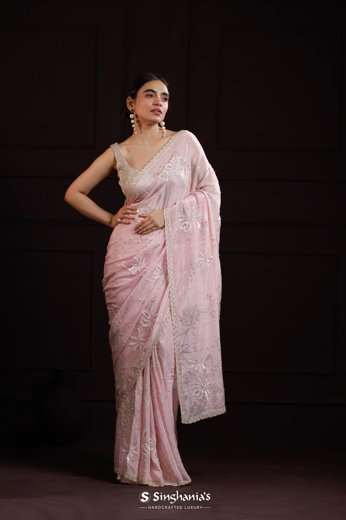 Pastel Pink Organza Saree With Floral Embroidery