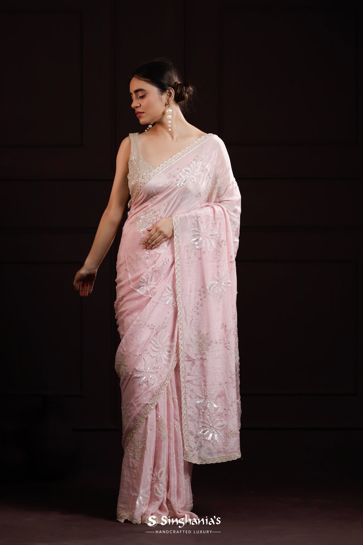 Pastel Pink Organza Saree With Floral Embroidery