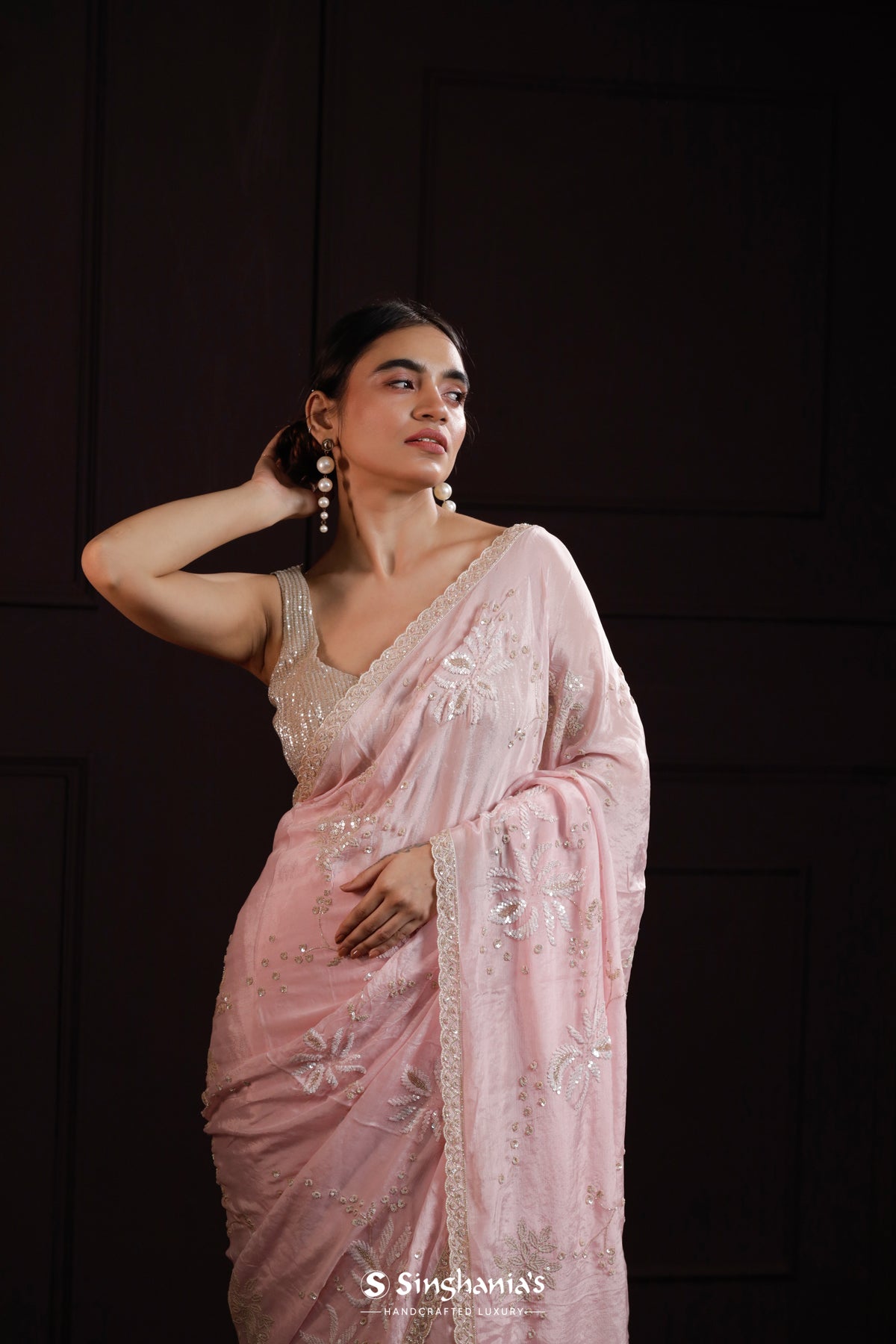 Pastel Pink Organza Saree With Floral Embroidery