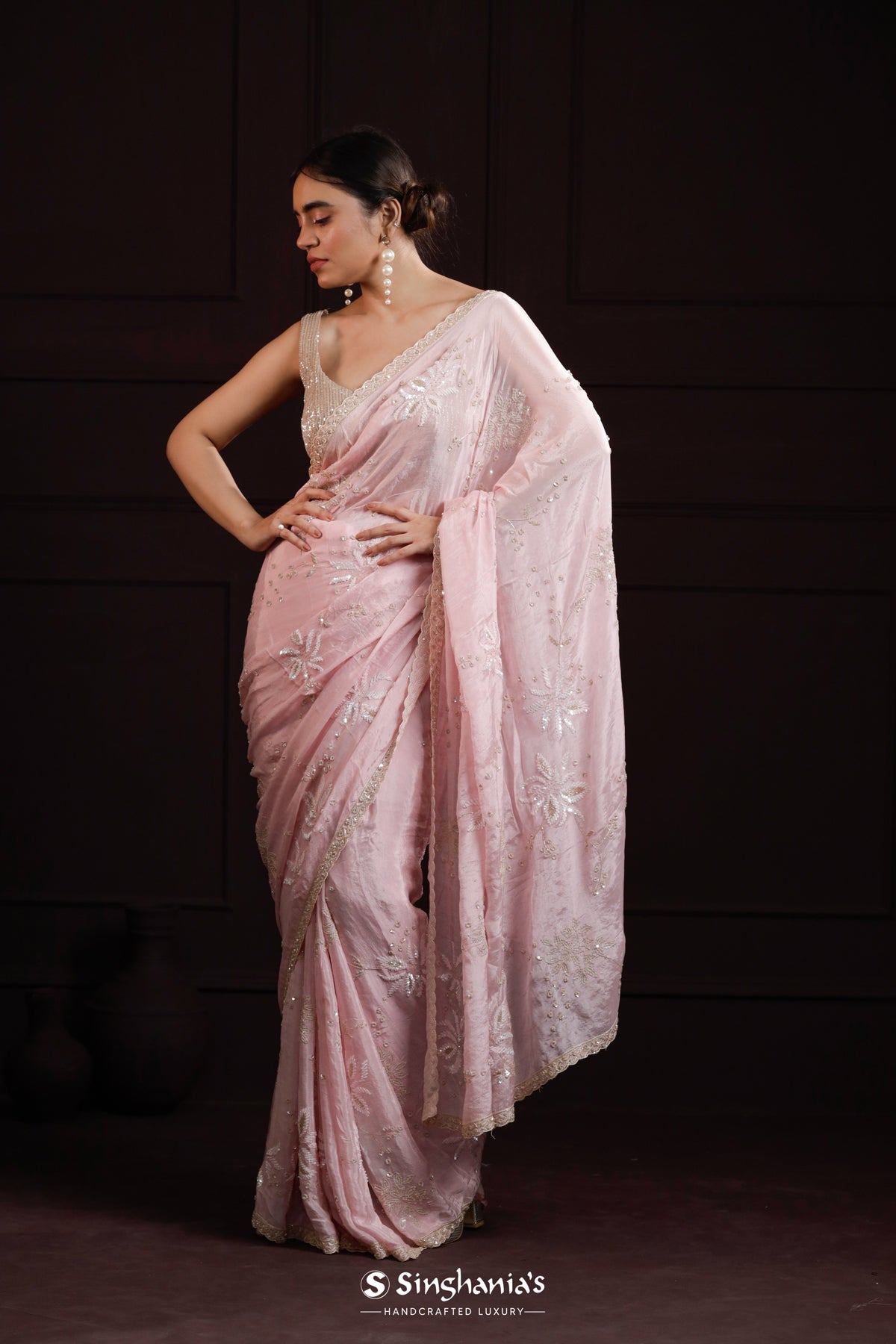 Pastel Pink Organza Saree With Floral Embroidery