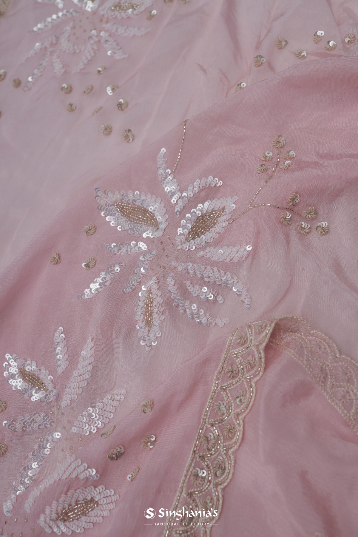 Pastel Pink Organza Saree With Floral Embroidery