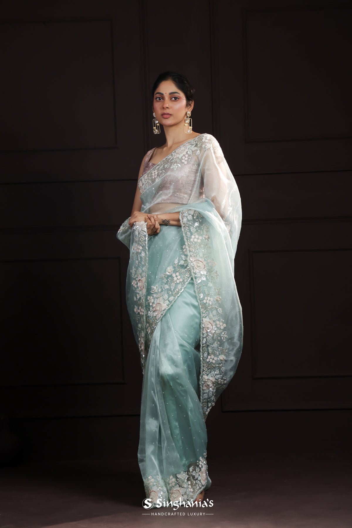 Pale Blue Designer Organza Saree With Hand Embroidery