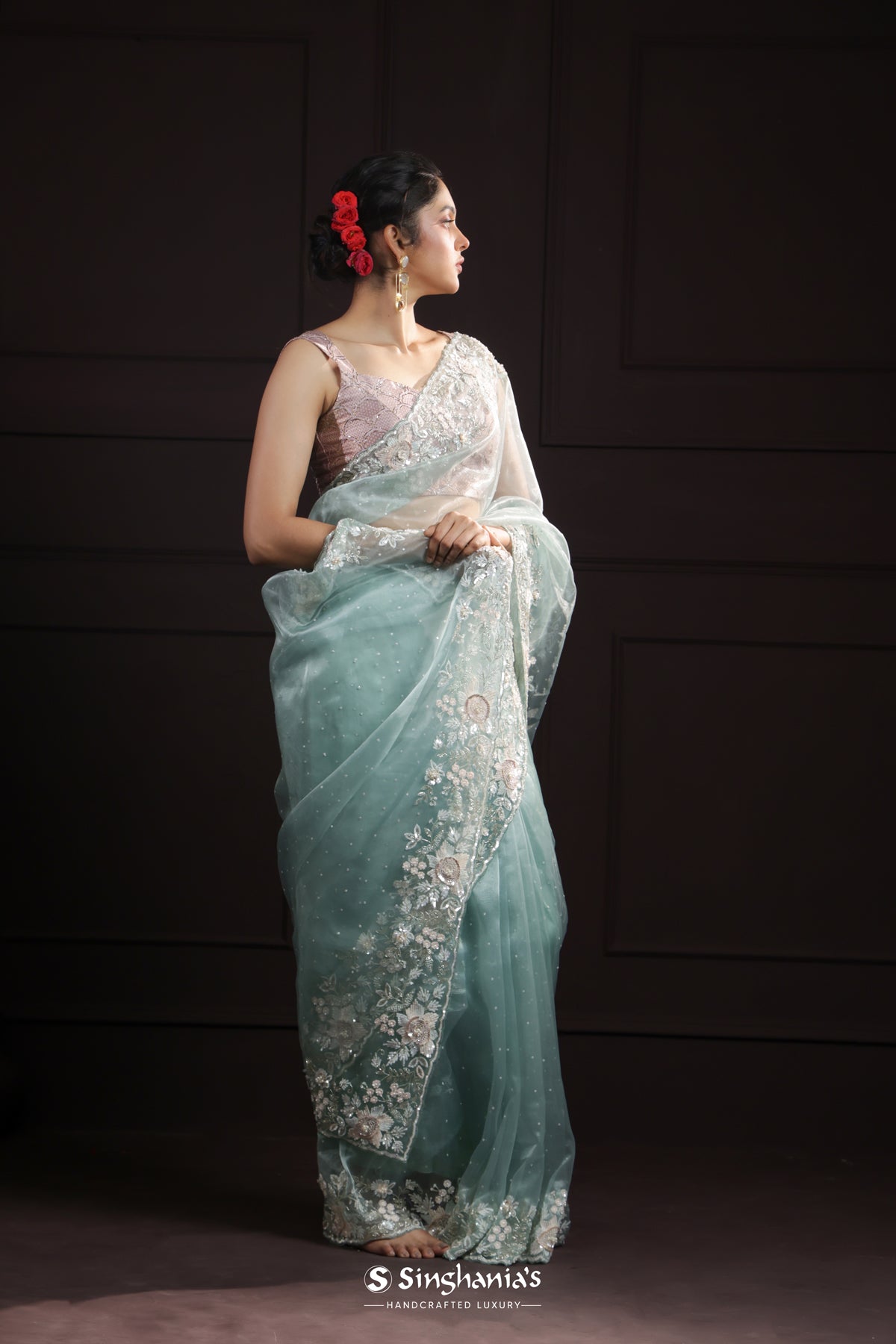 Pale Blue Designer Organza Saree With Hand Embroidery