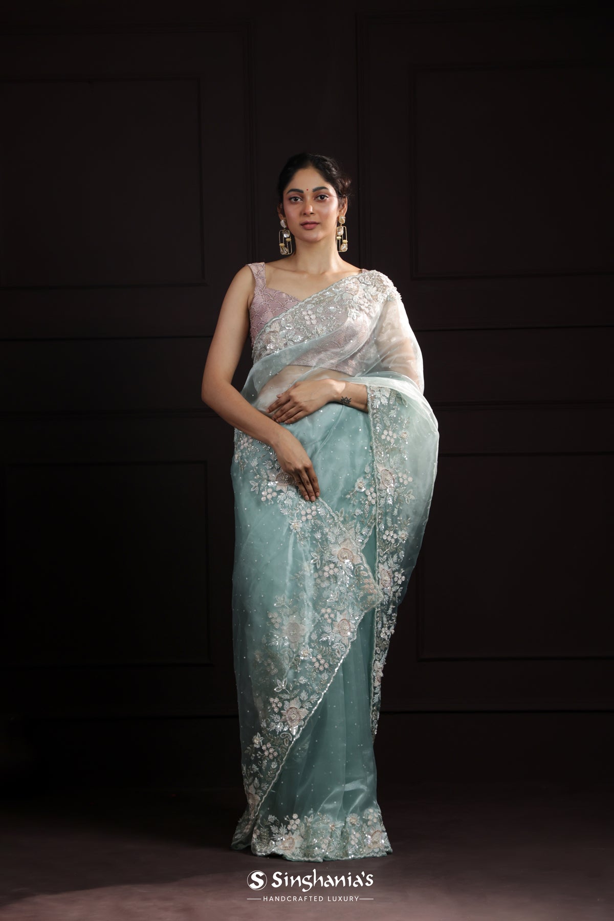 Pale Blue Designer Organza Saree With Hand Embroidery