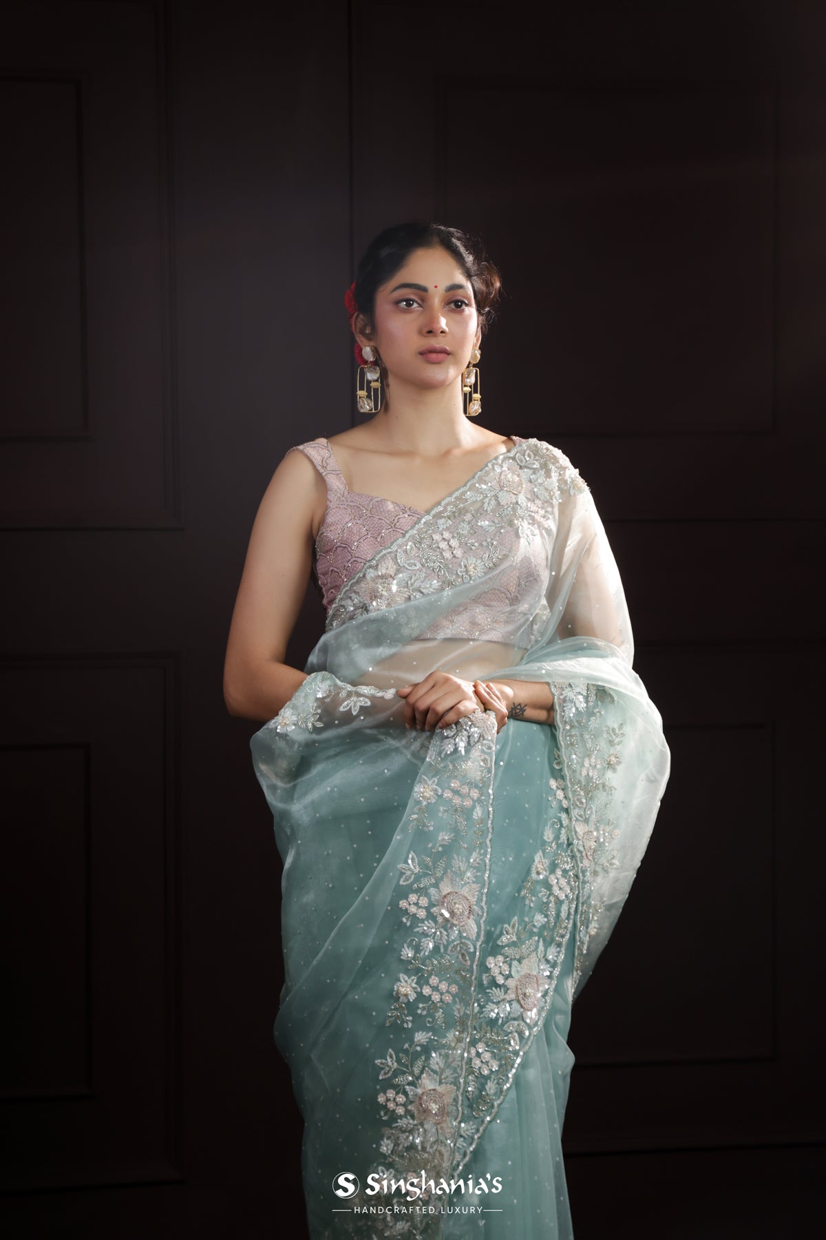 Pale Blue Designer Organza Saree With Hand Embroidery