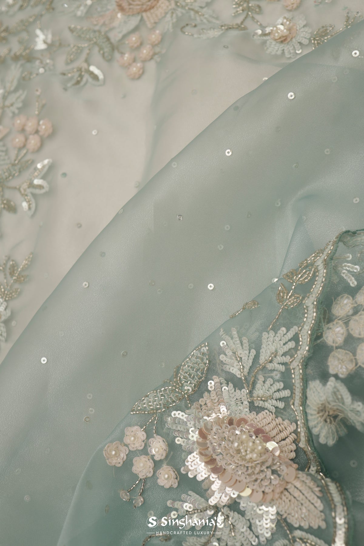 Pale Blue Designer Organza Saree With Hand Embroidery