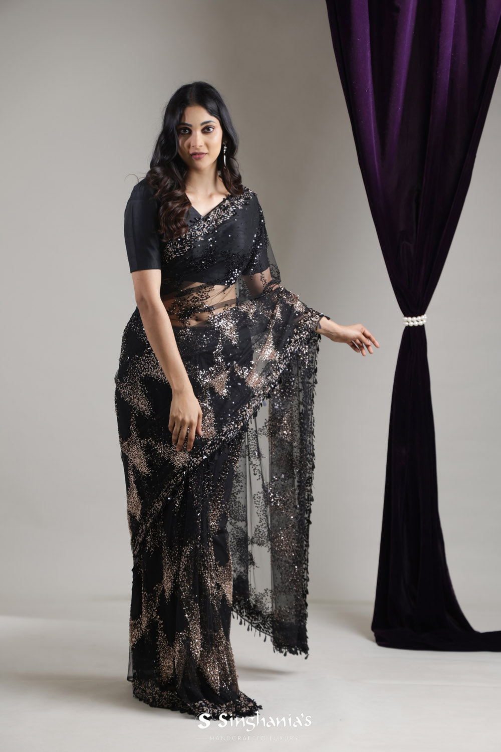 Classic Black Net Saree With Hand Embroidery