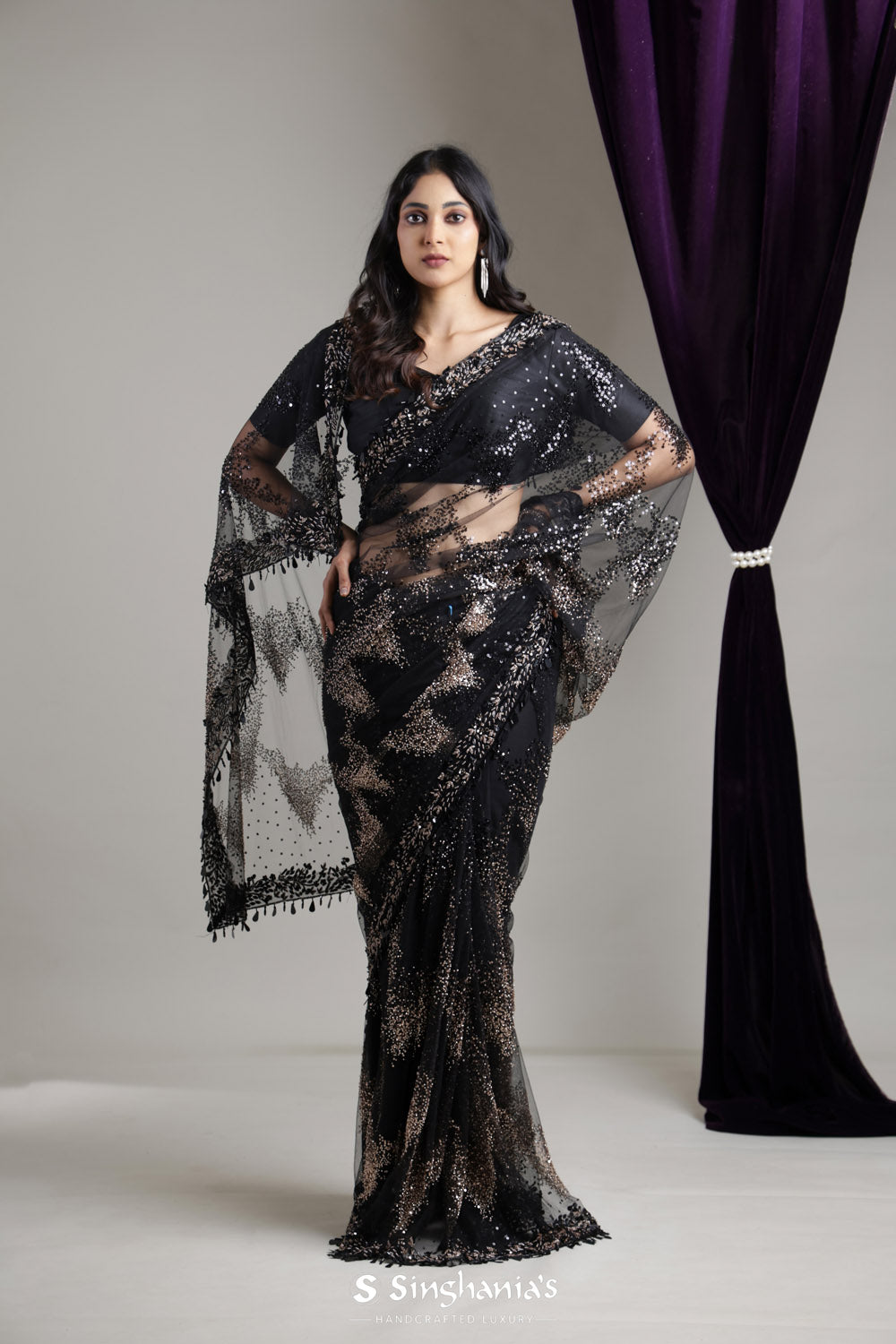 Classic Black Net Saree With Hand Embroidery