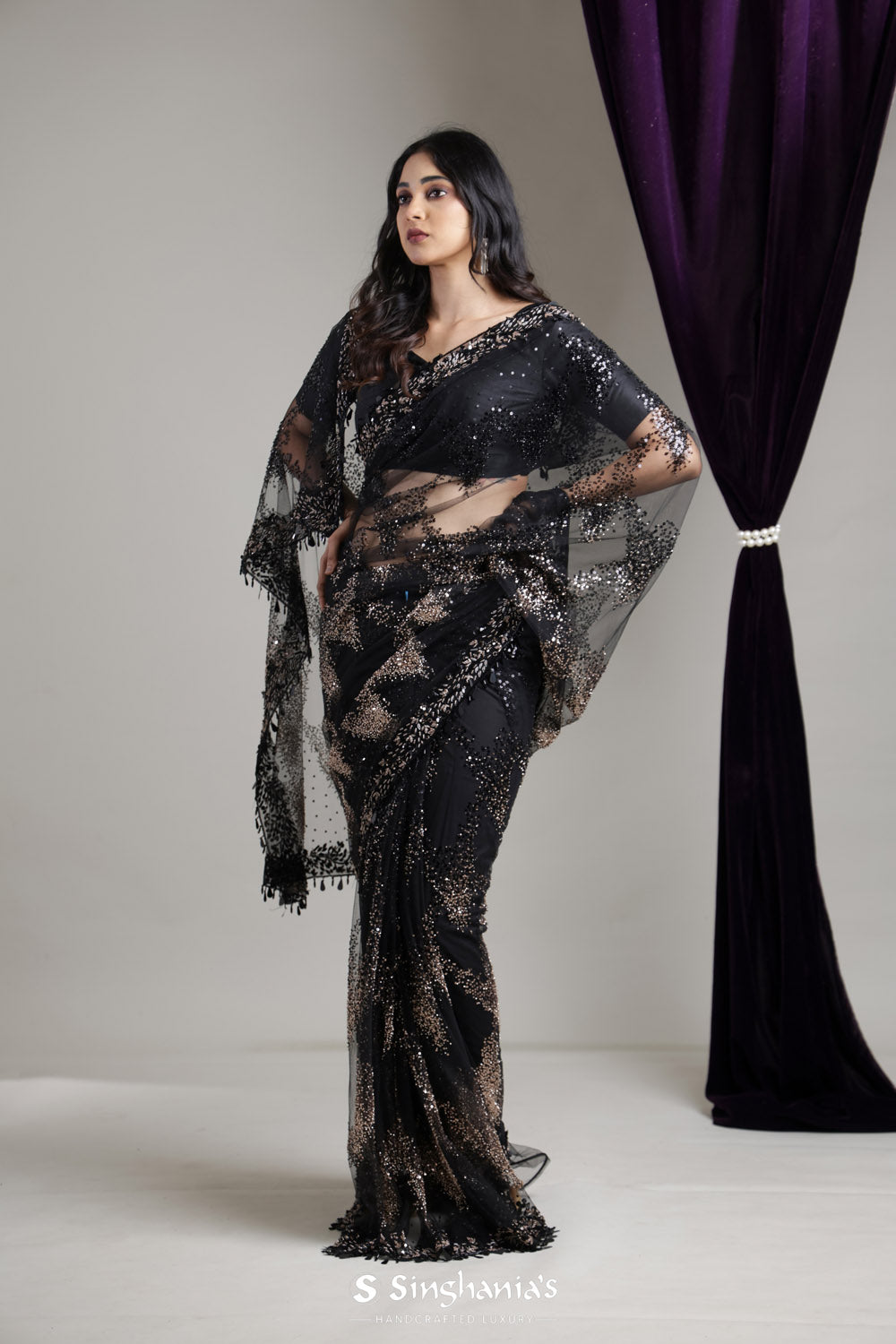 Classic Black Net Saree With Hand Embroidery