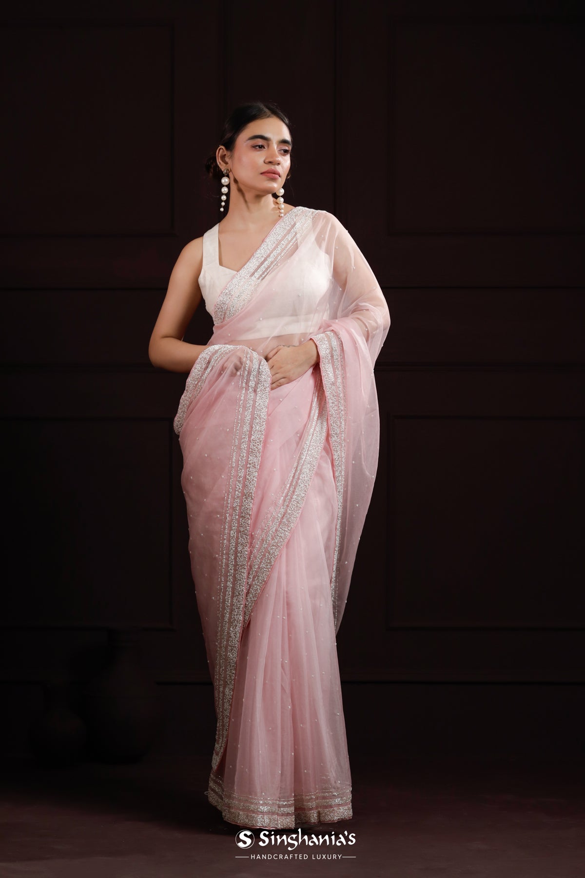 Ballet Pink Organza Designer Saree With Hand Embroidery