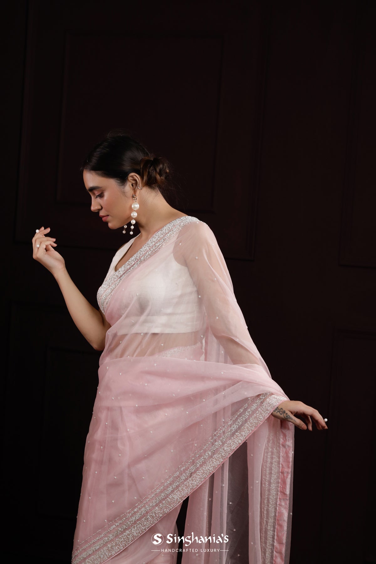 Ballet Pink Organza Designer Saree With Hand Embroidery