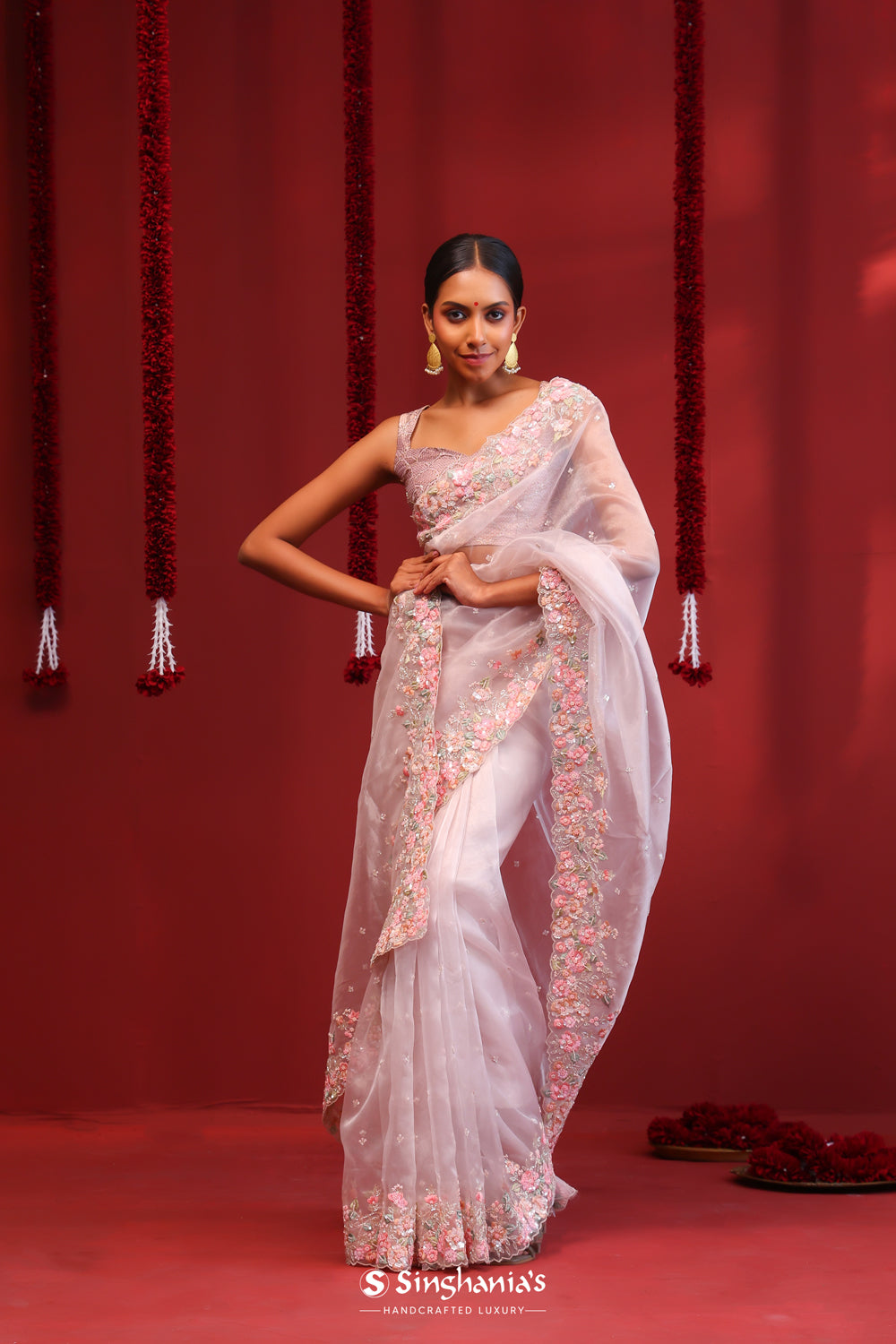 Pink Grey Handcrafted Organza Saree