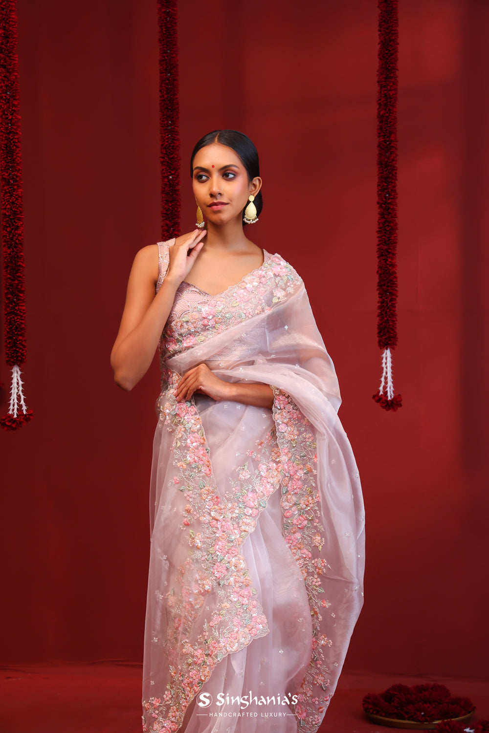 Pink Grey Handcrafted Organza Saree