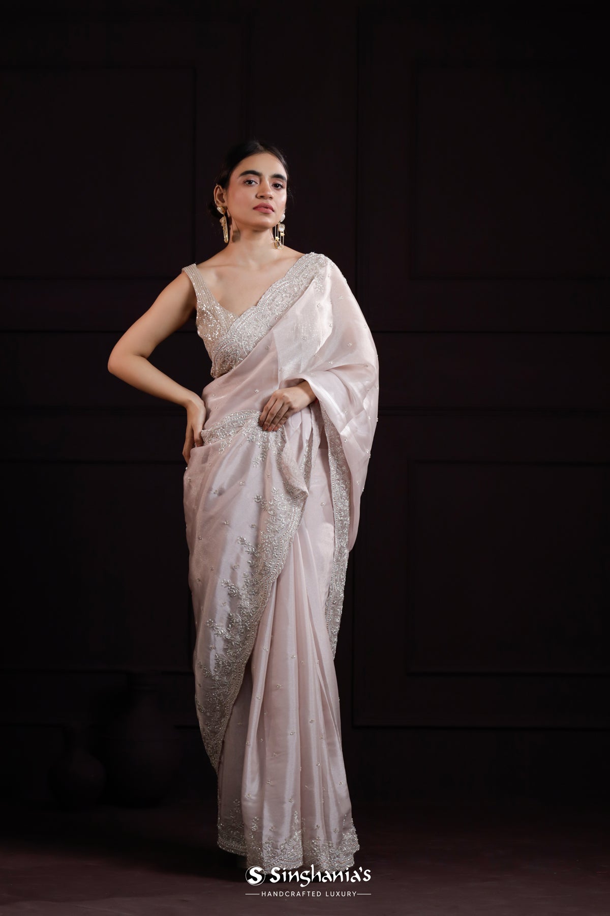 Pale Lavender Designer Organza Saree With Hand Embroidery