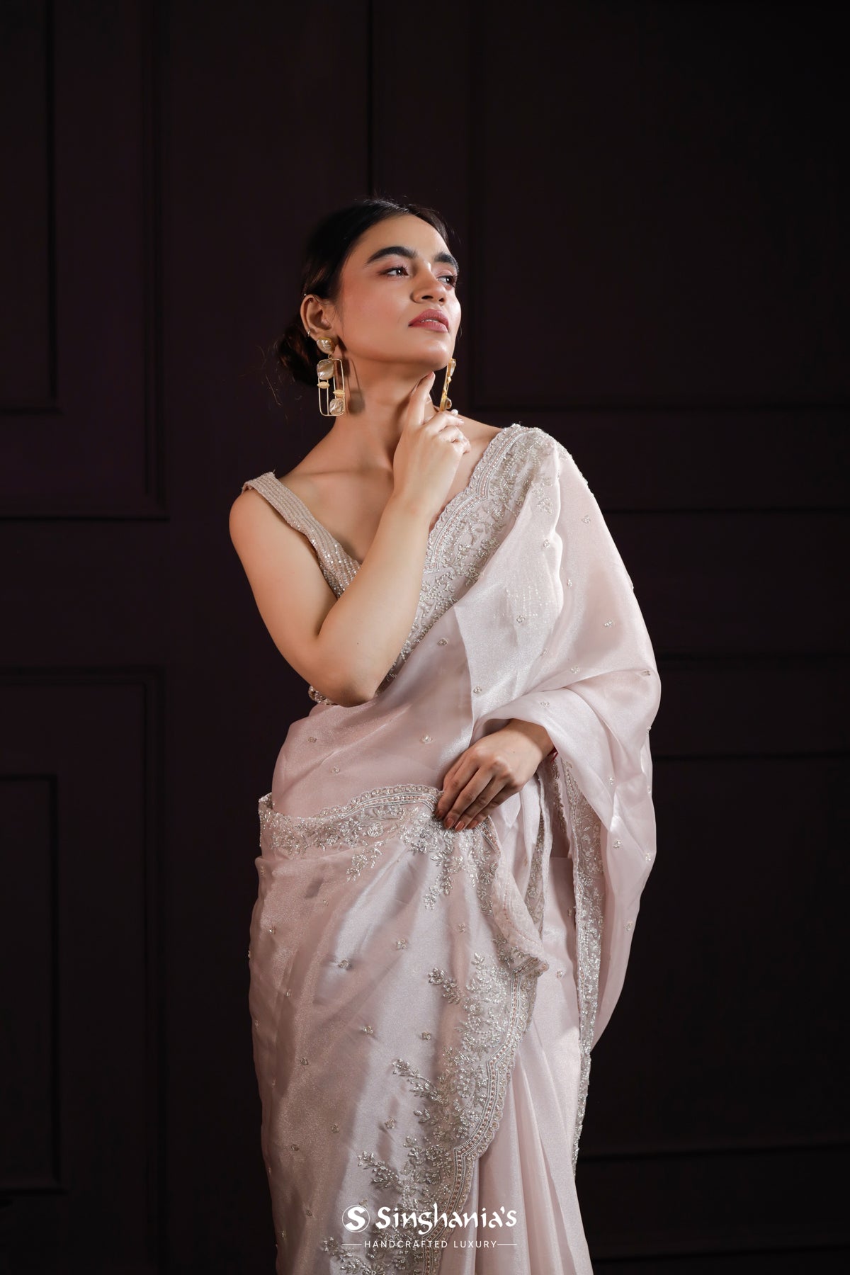 Pale Lavender Designer Organza Saree With Hand Embroidery