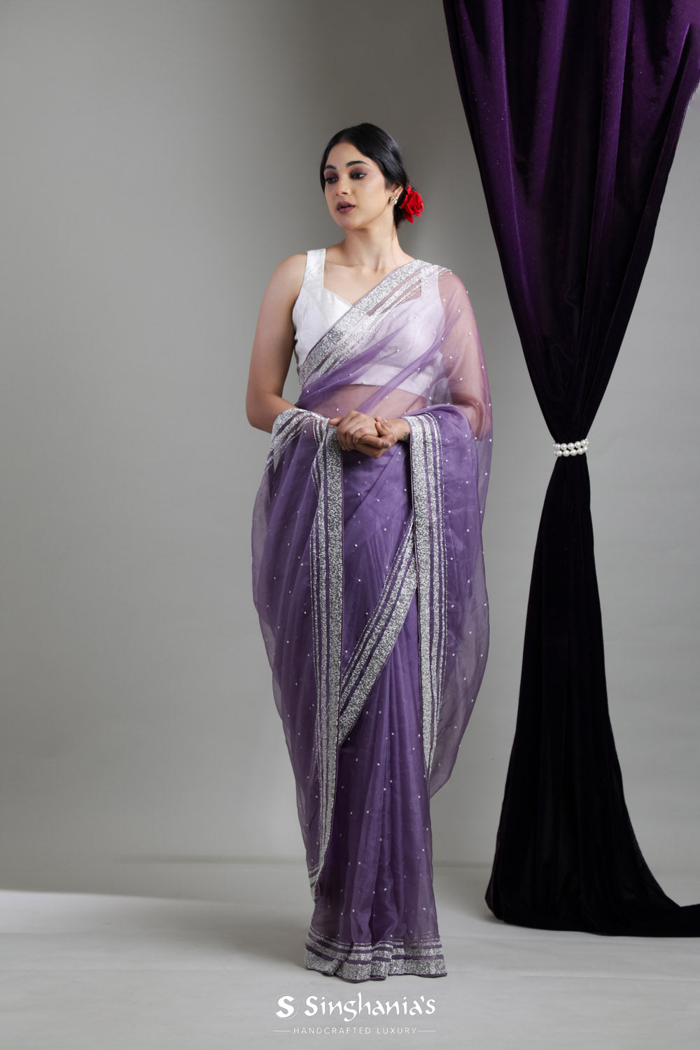 Heather Purple Handcrafted Organza Saree