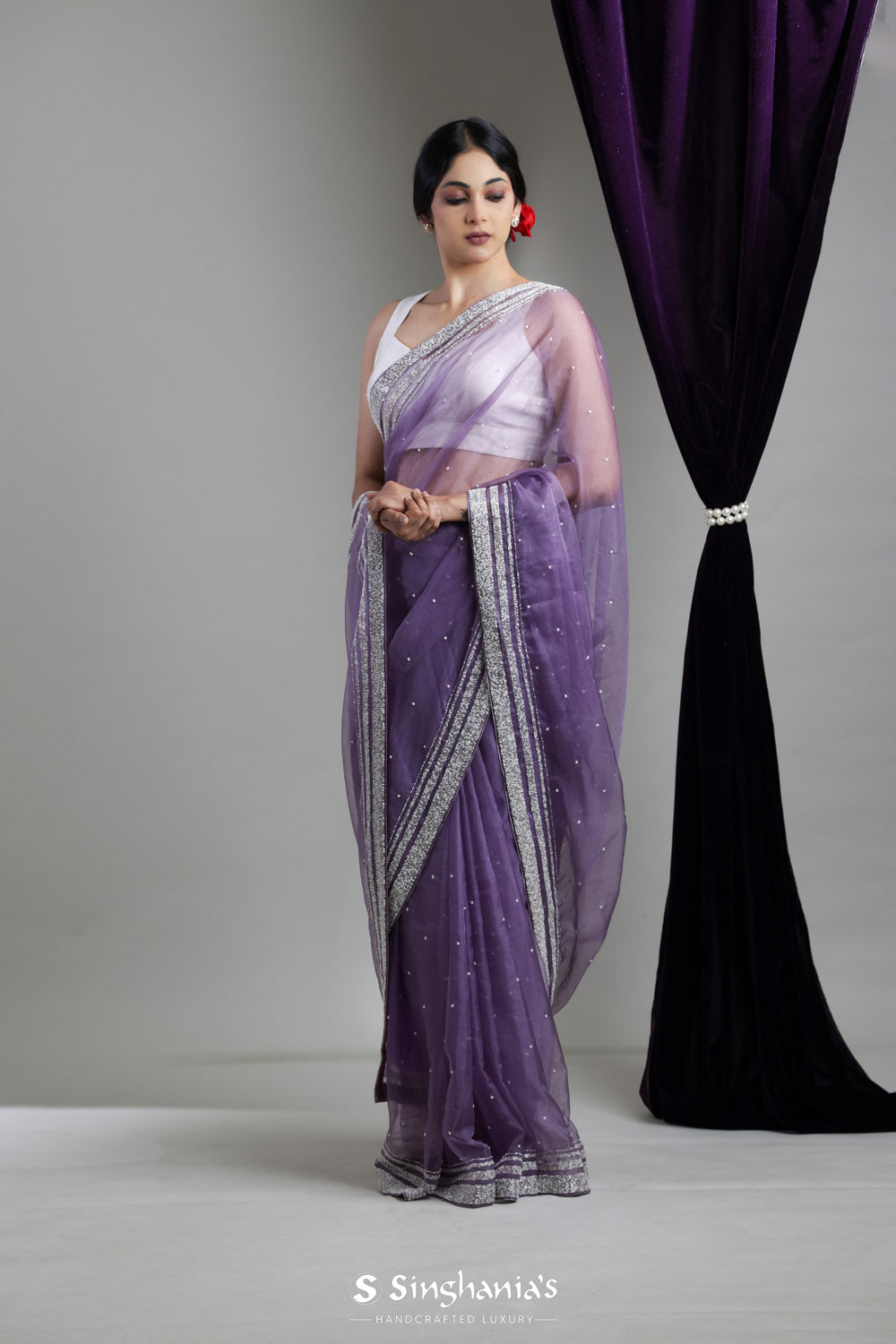 Heather Purple Handcrafted Organza Saree