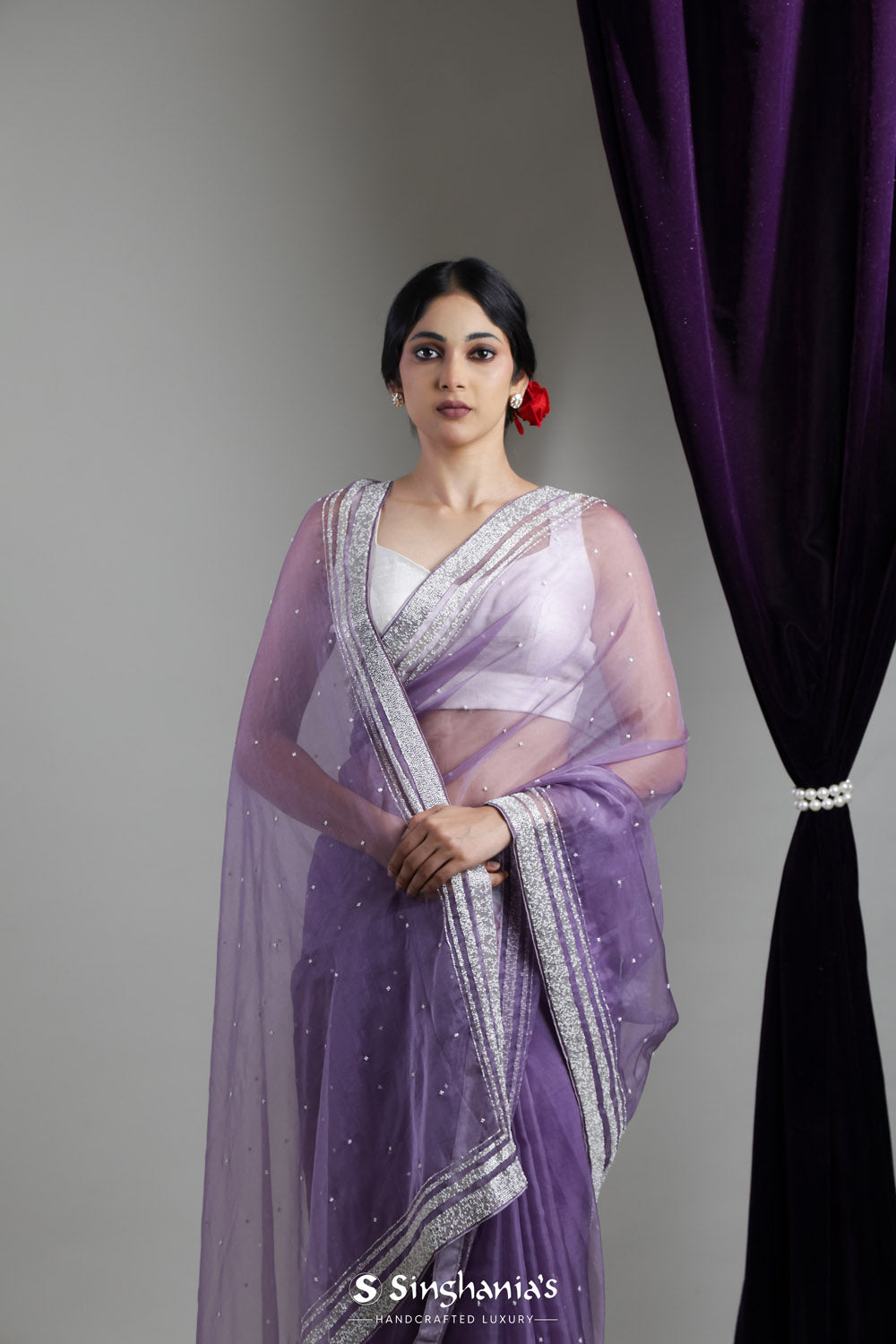 Heather Purple Handcrafted Organza Saree