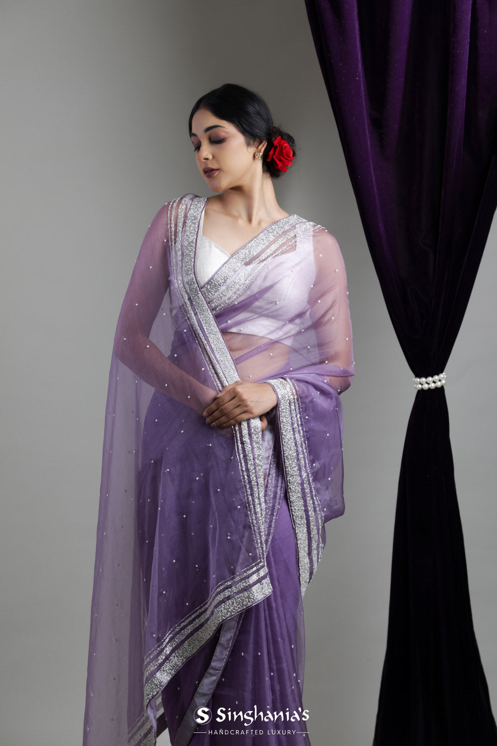 Heather Purple Handcrafted Organza Saree