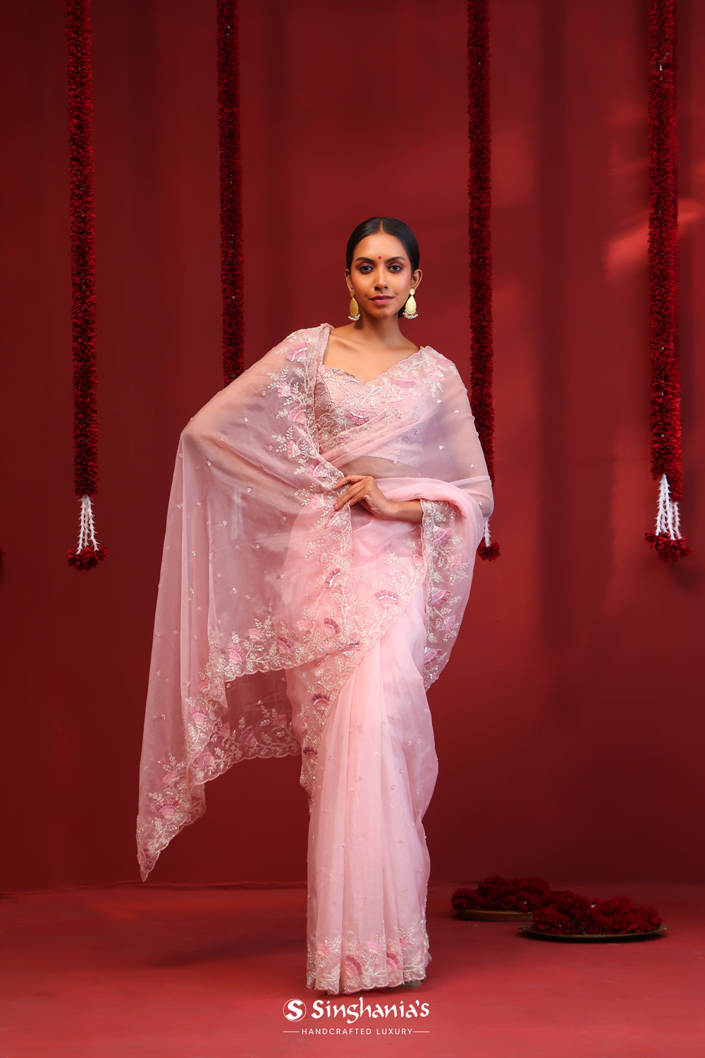 Baby Pink Organza Handcrafted Saree