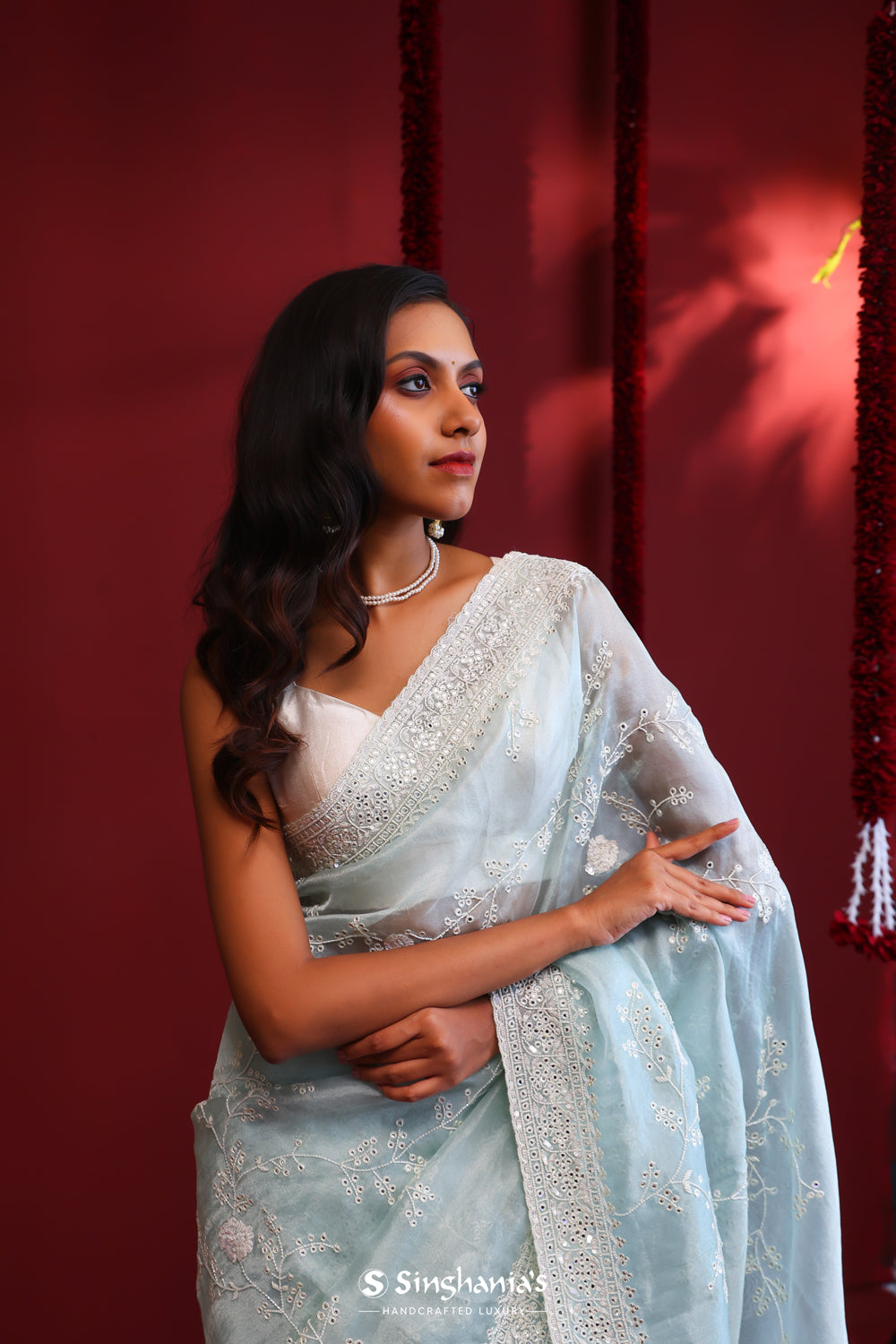 Powder Blue Handcrafted Organza Saree