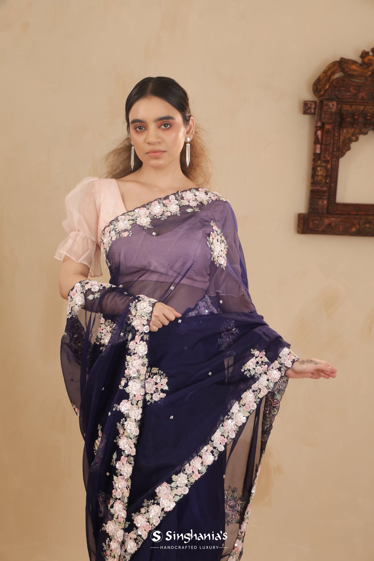 Navy Blue Organza Saree With Floral Embroidery