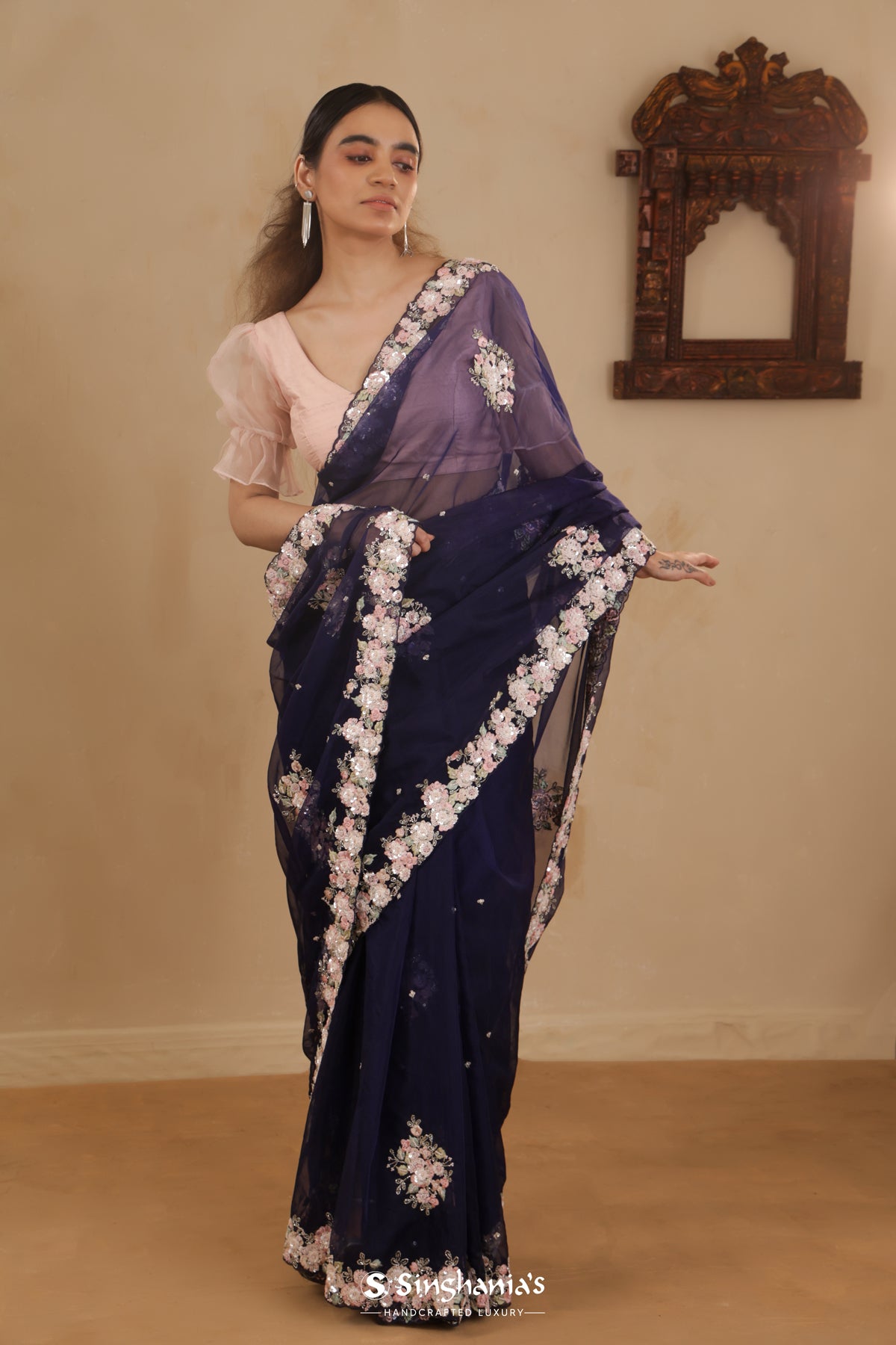 Navy Blue Organza Saree With Floral Embroidery