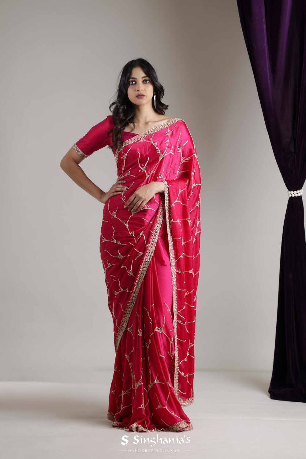 Bright Pink Satin Saree With Hand Embroidery