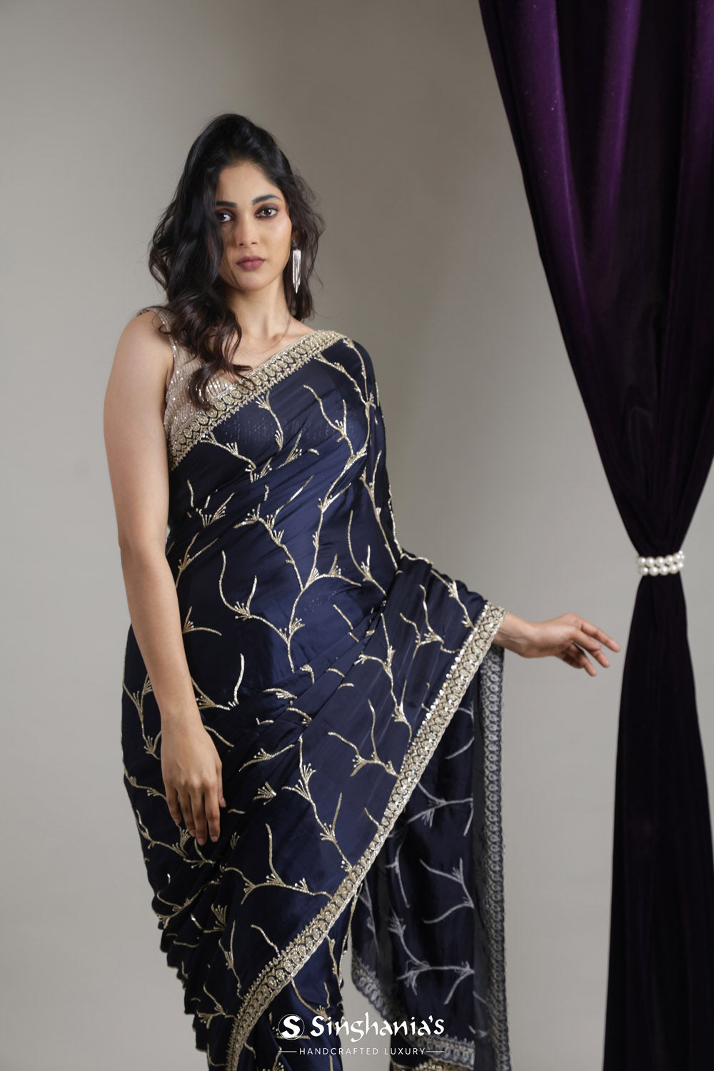 Navy Blue Satin Saree With Hand Embroidery