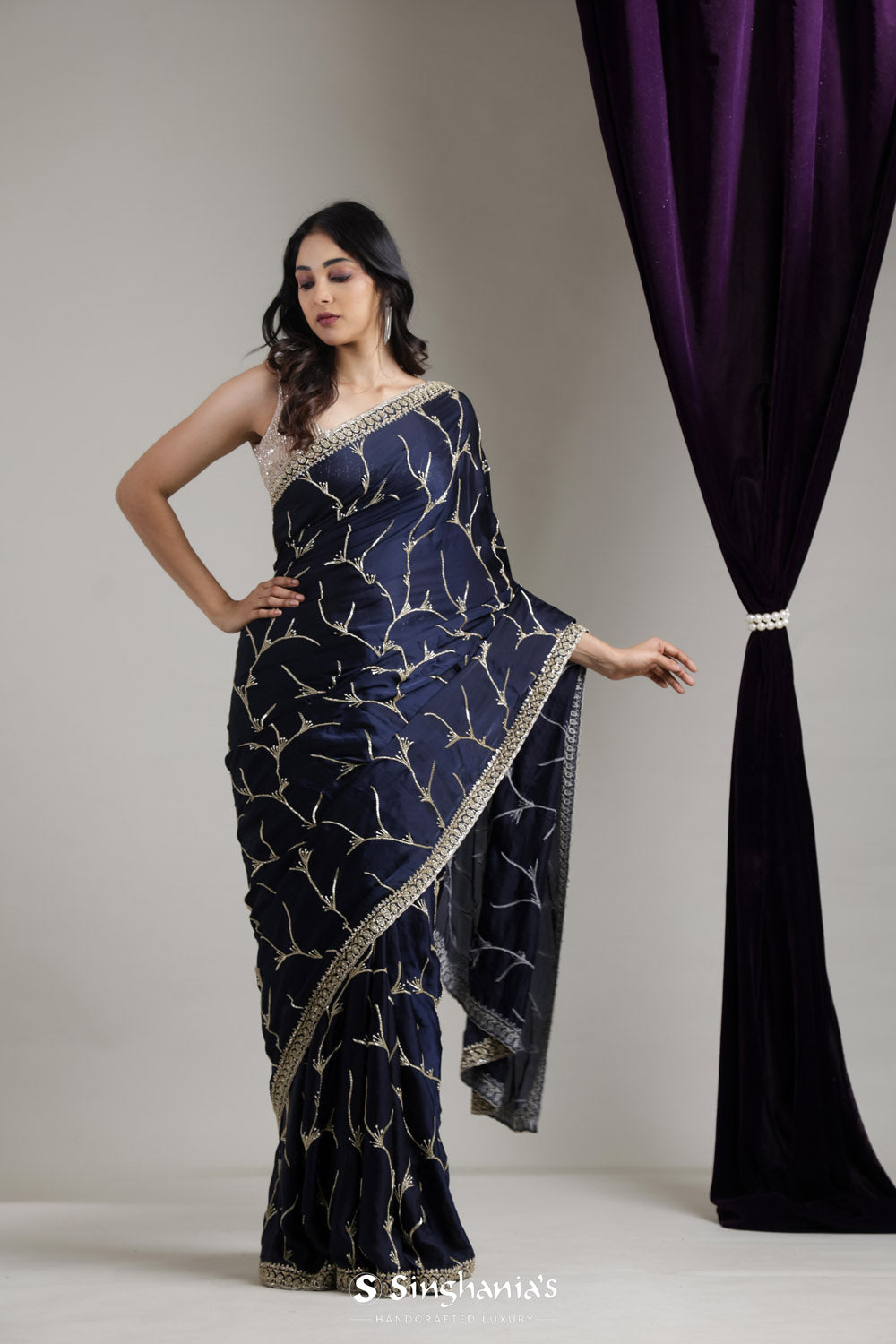 Navy Blue Satin Saree With Hand Embroidery