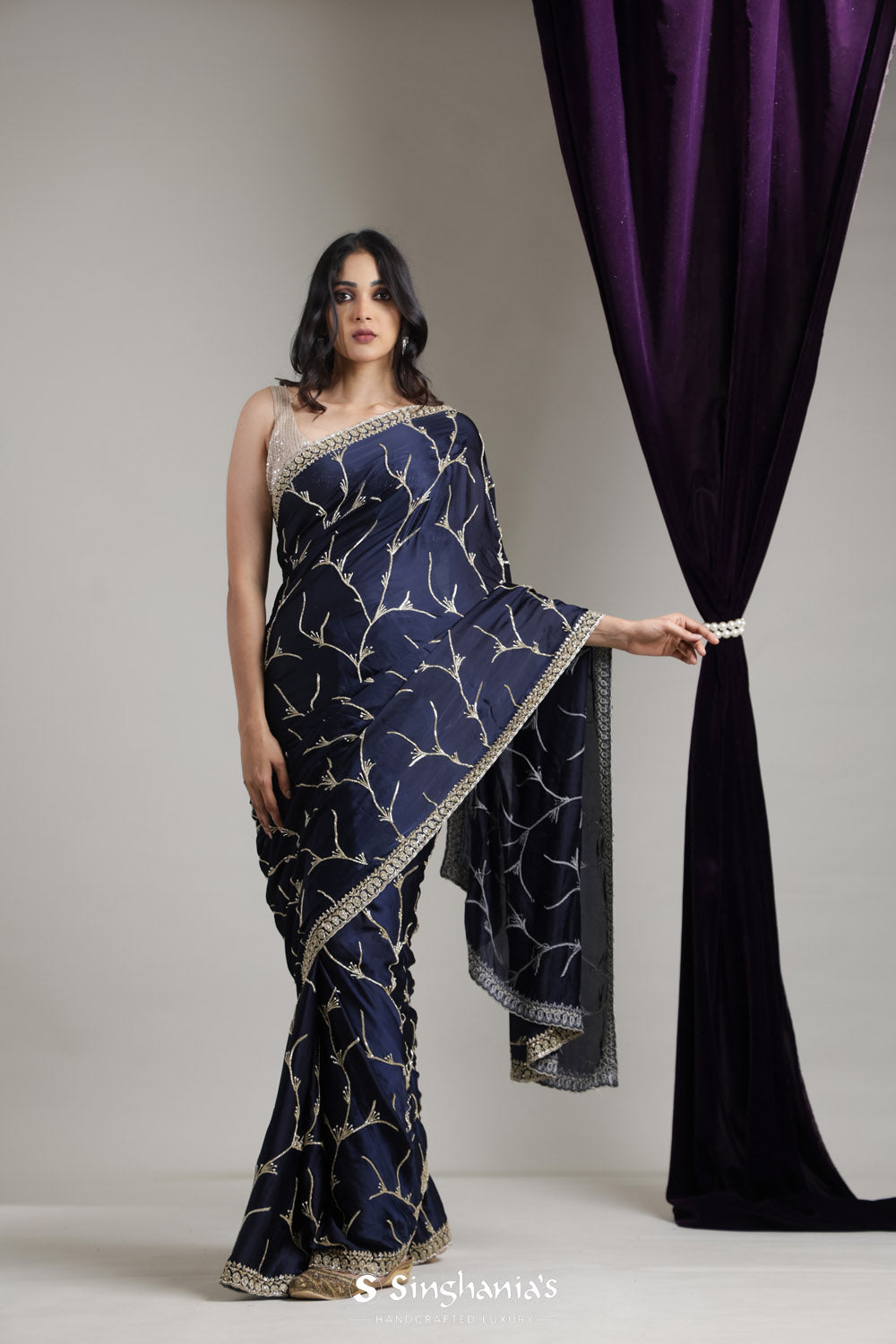 Navy Blue Satin Saree With Hand Embroidery