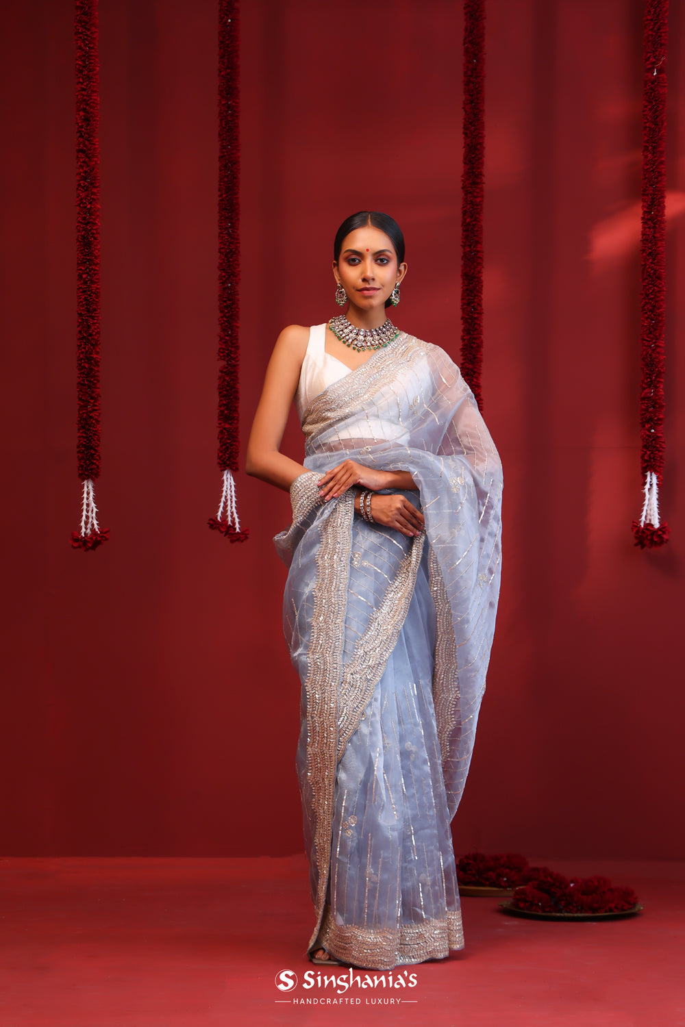 Pastel Blue Handcrafted Organza Saree