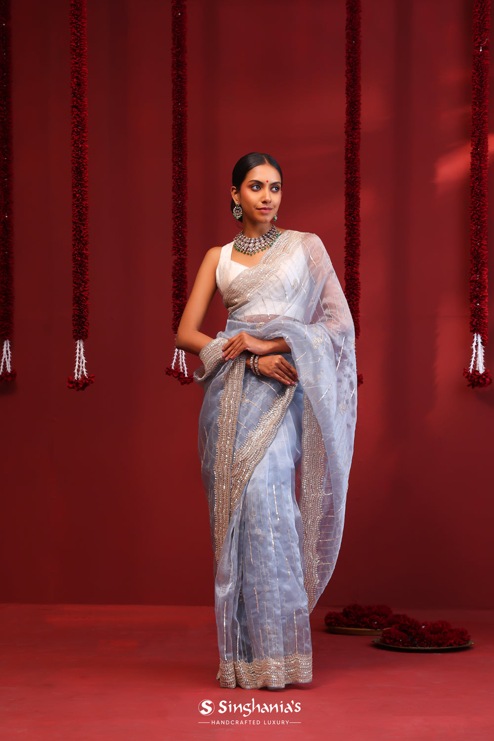 Pastel Blue Handcrafted Organza Saree