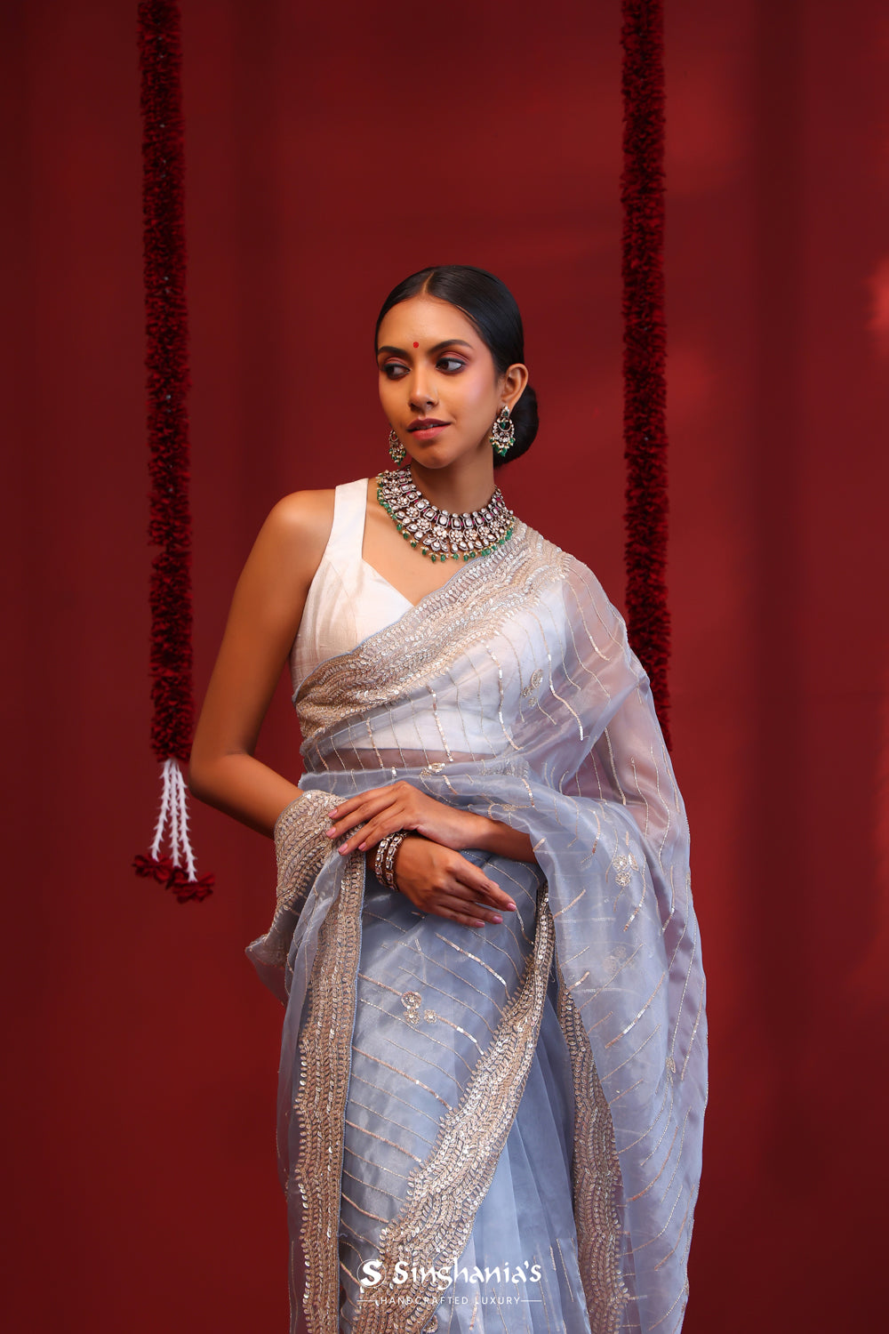 Pastel Blue Handcrafted Organza Saree