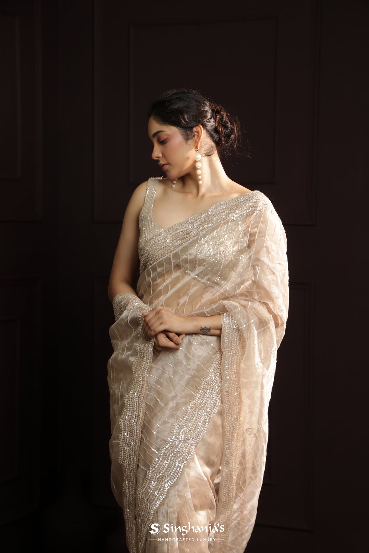 Cashmere Brown Organza Designer Saree With Hand Embroidery