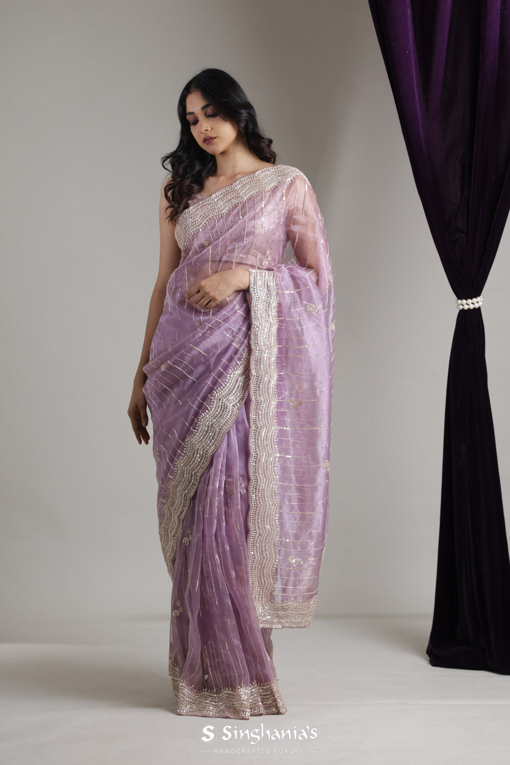 Pale Purple Organza Saree With Hand Embroidery