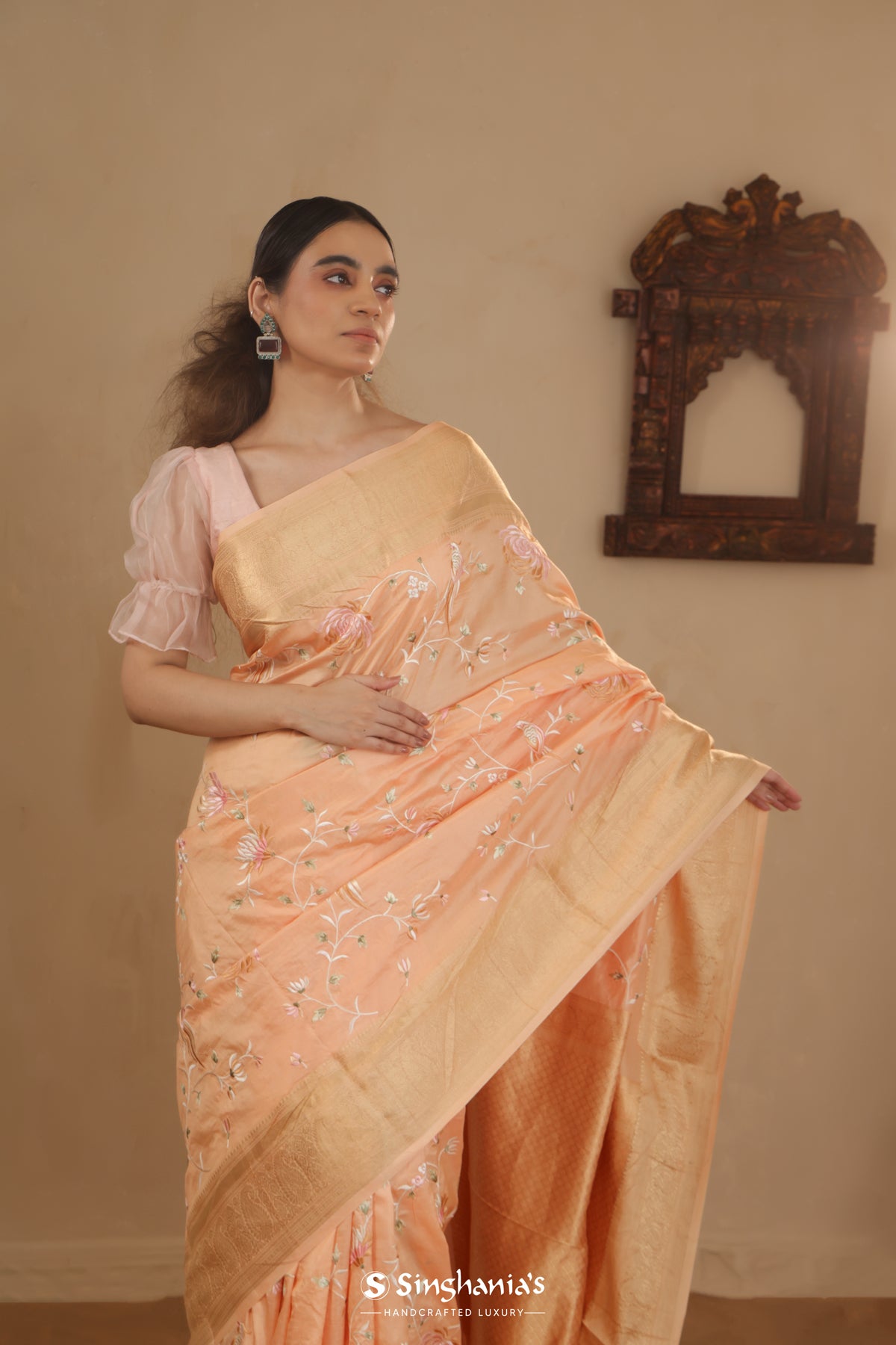 Salmon Peach Kanchi Saree With Floral Jaal Embroidery