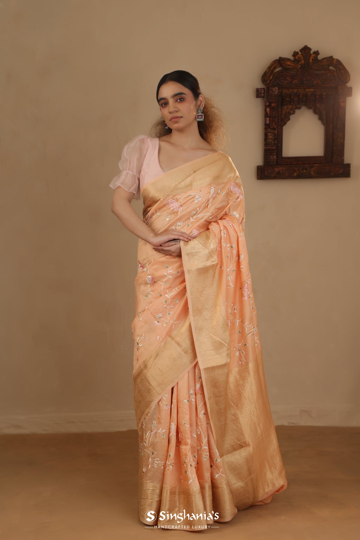 Salmon Peach Kanchi Saree With Floral Jaal Embroidery