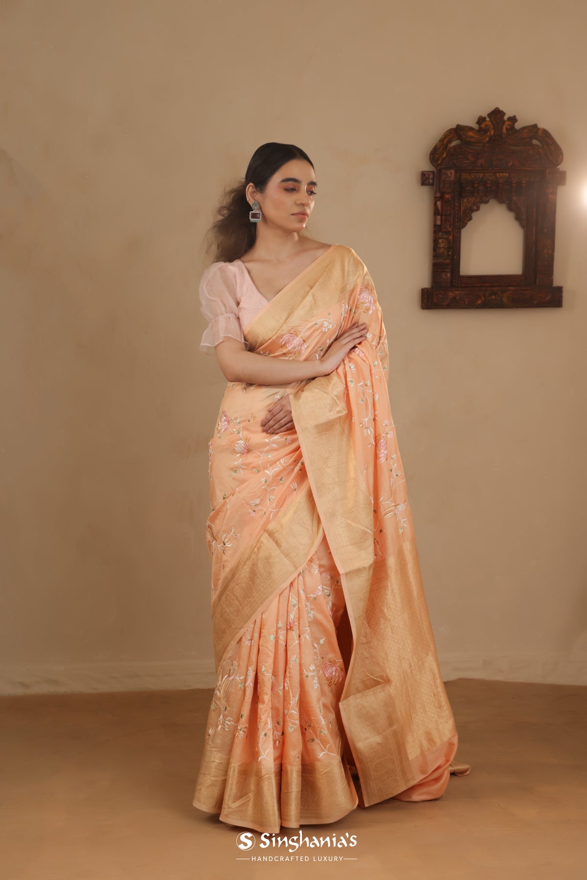 Salmon Peach Kanchi Saree With Floral Jaal Embroidery