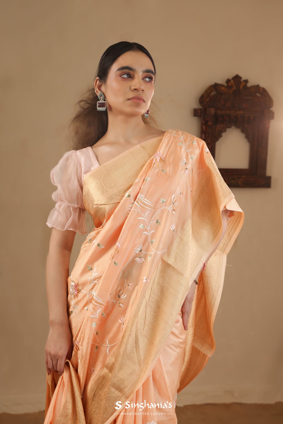 Salmon Peach Kanchi Saree With Floral Jaal Embroidery