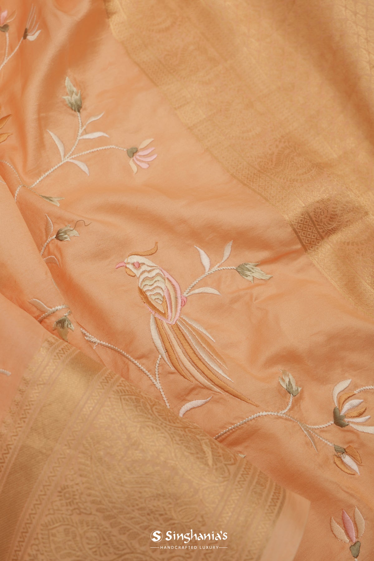 Salmon Peach Kanchi Saree With Floral Jaal Embroidery