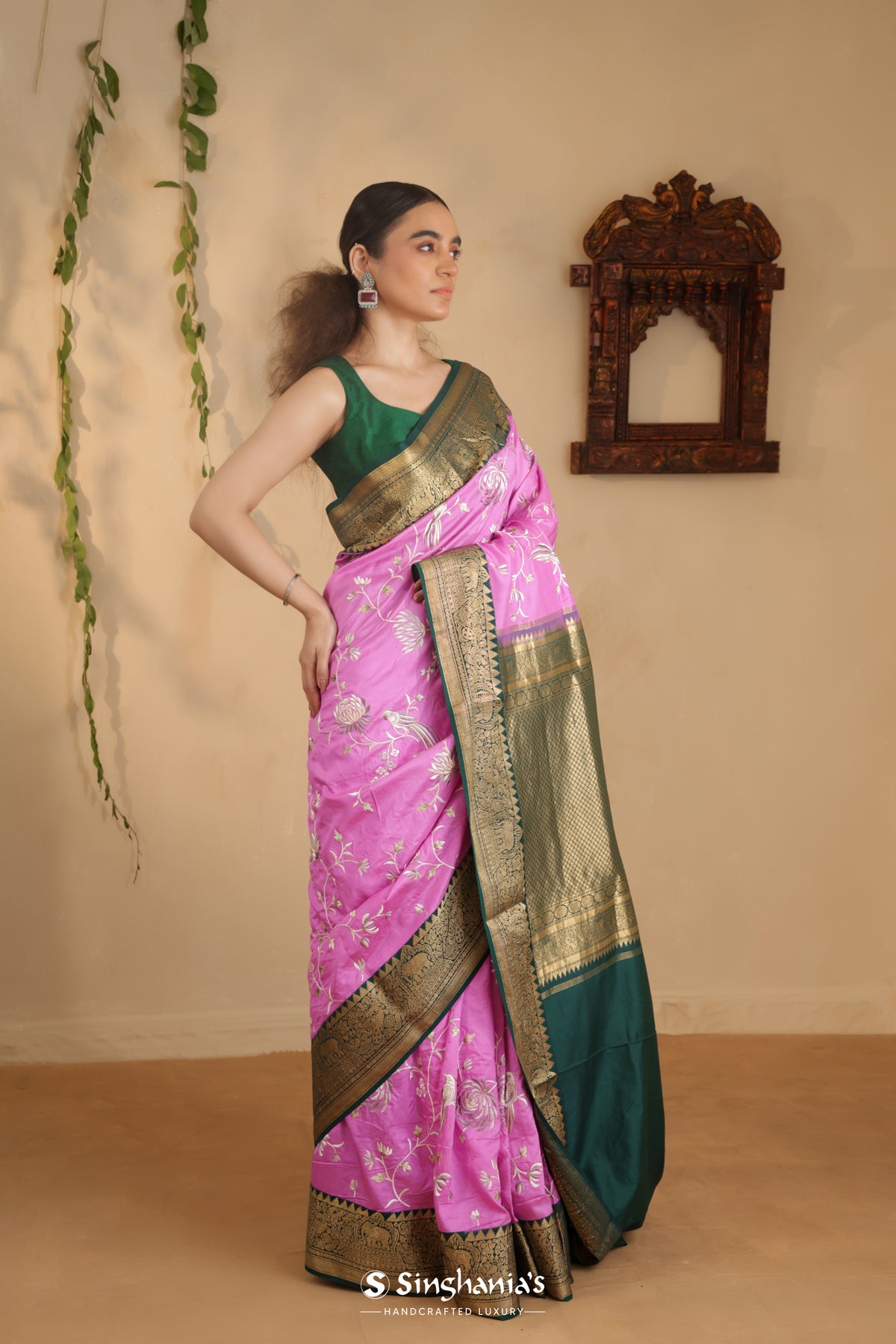 Middle Purple Kanchi Saree With Floral Embroidery