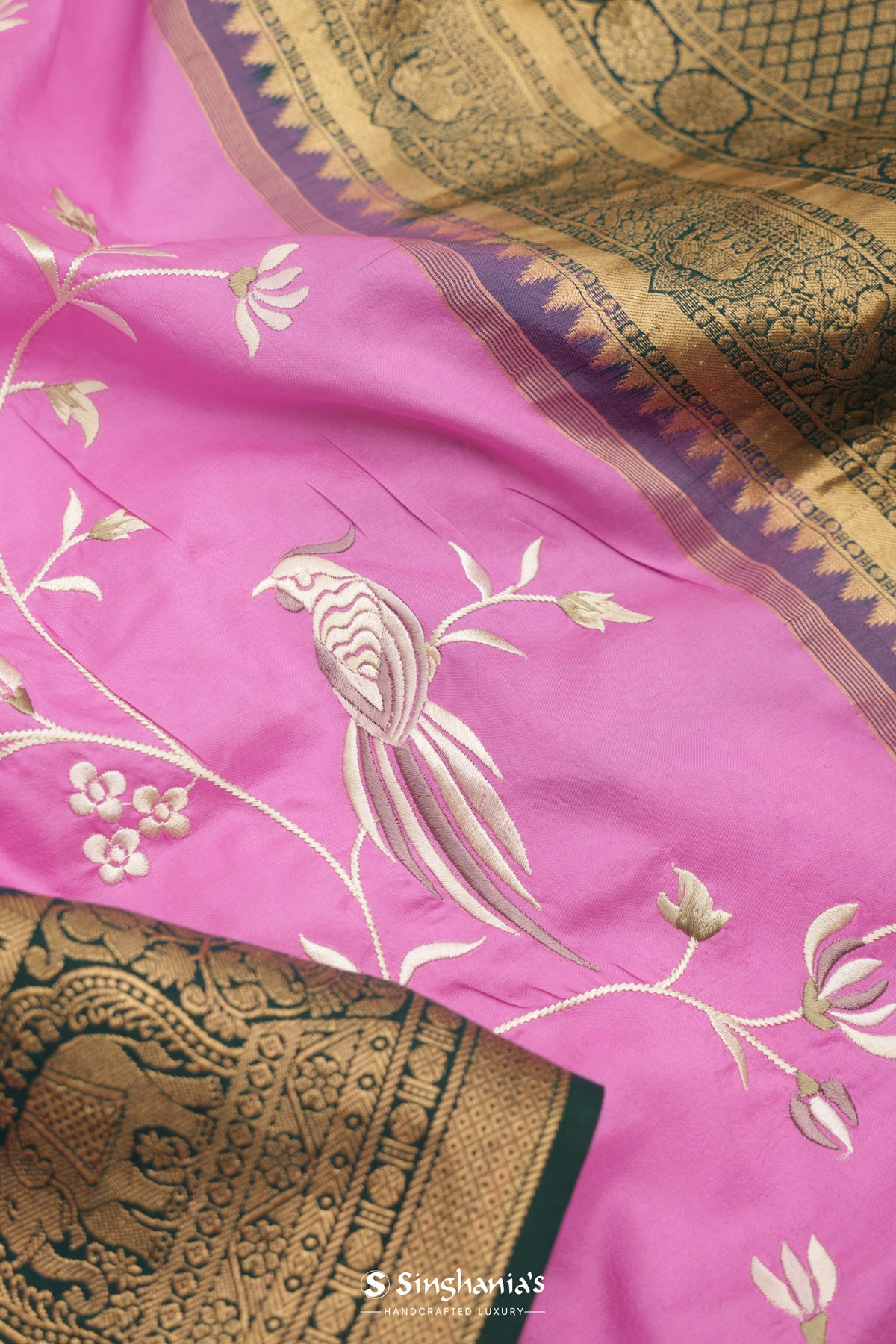 Middle Purple Kanchi Saree With Floral Embroidery