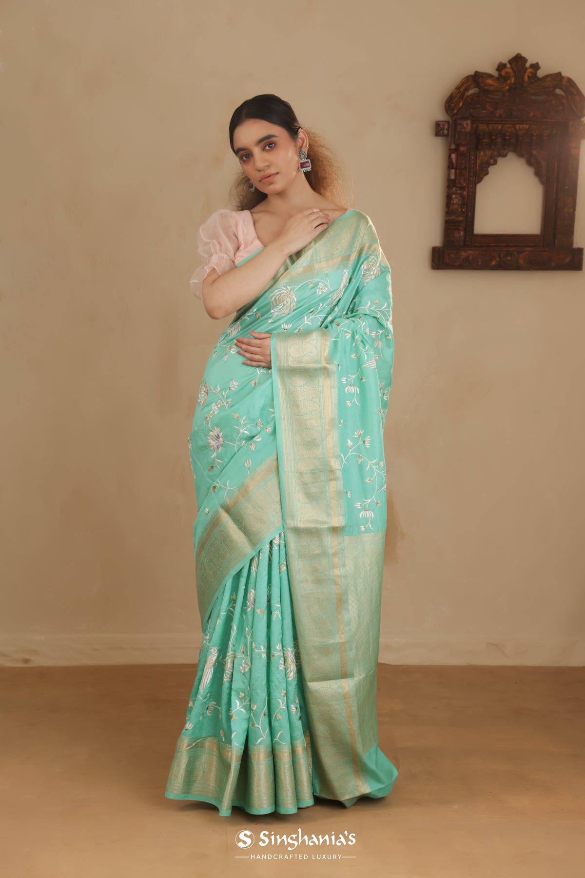 Aqua Blue Kanchi Saree With Floral Jaal Embroidery