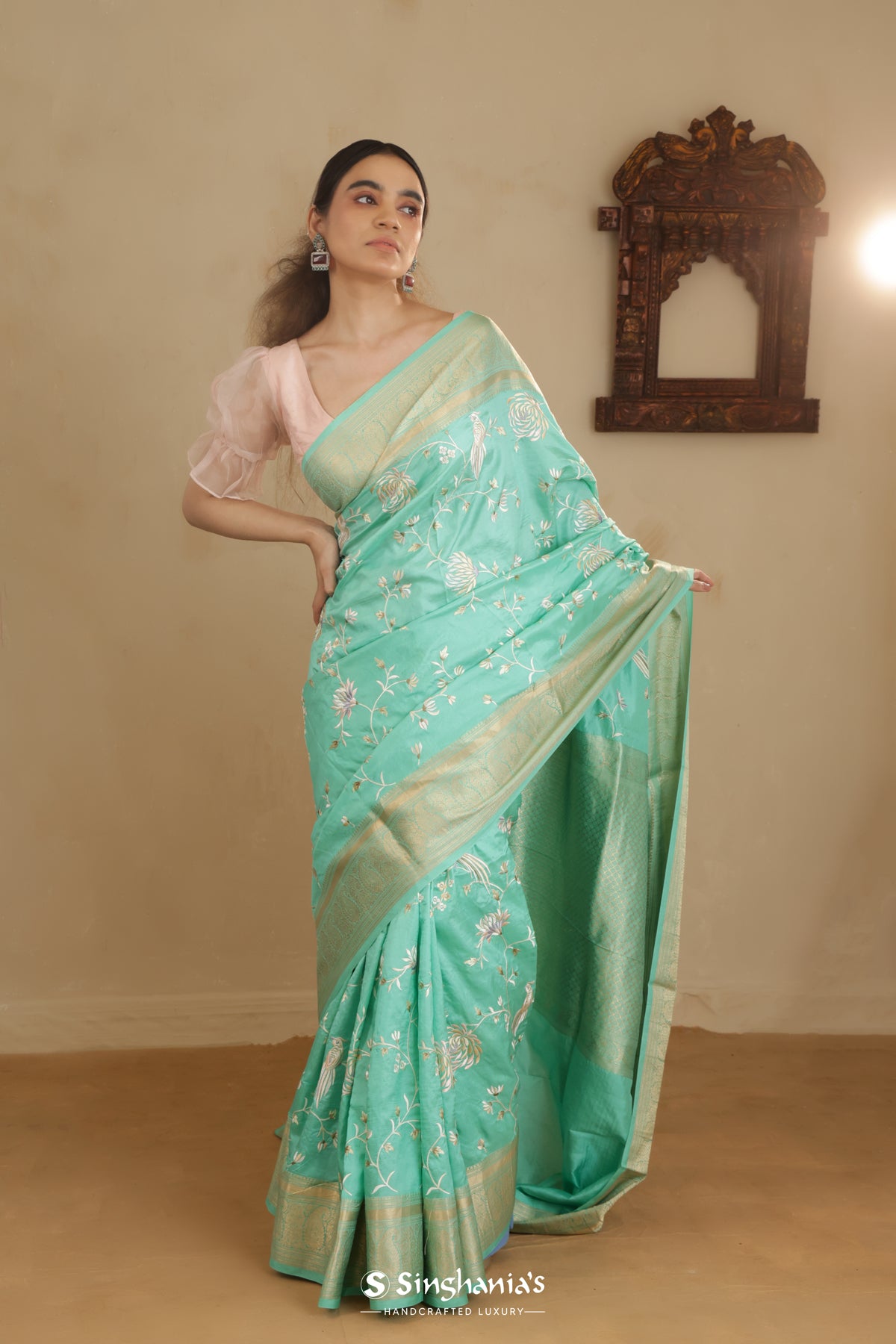 Aqua Blue Kanchi Saree With Floral Jaal Embroidery