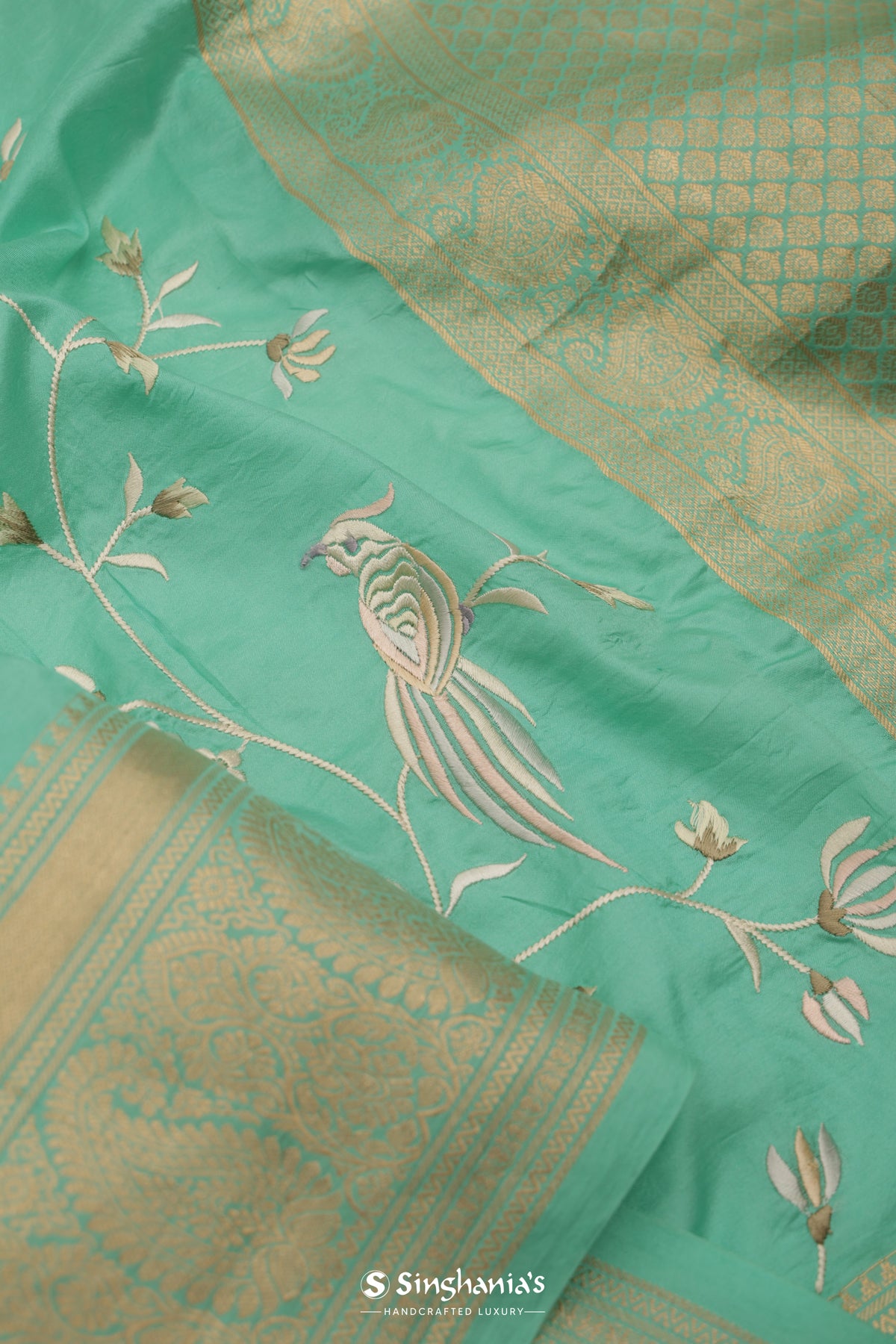 Aqua Blue Kanchi Saree With Floral Jaal Embroidery