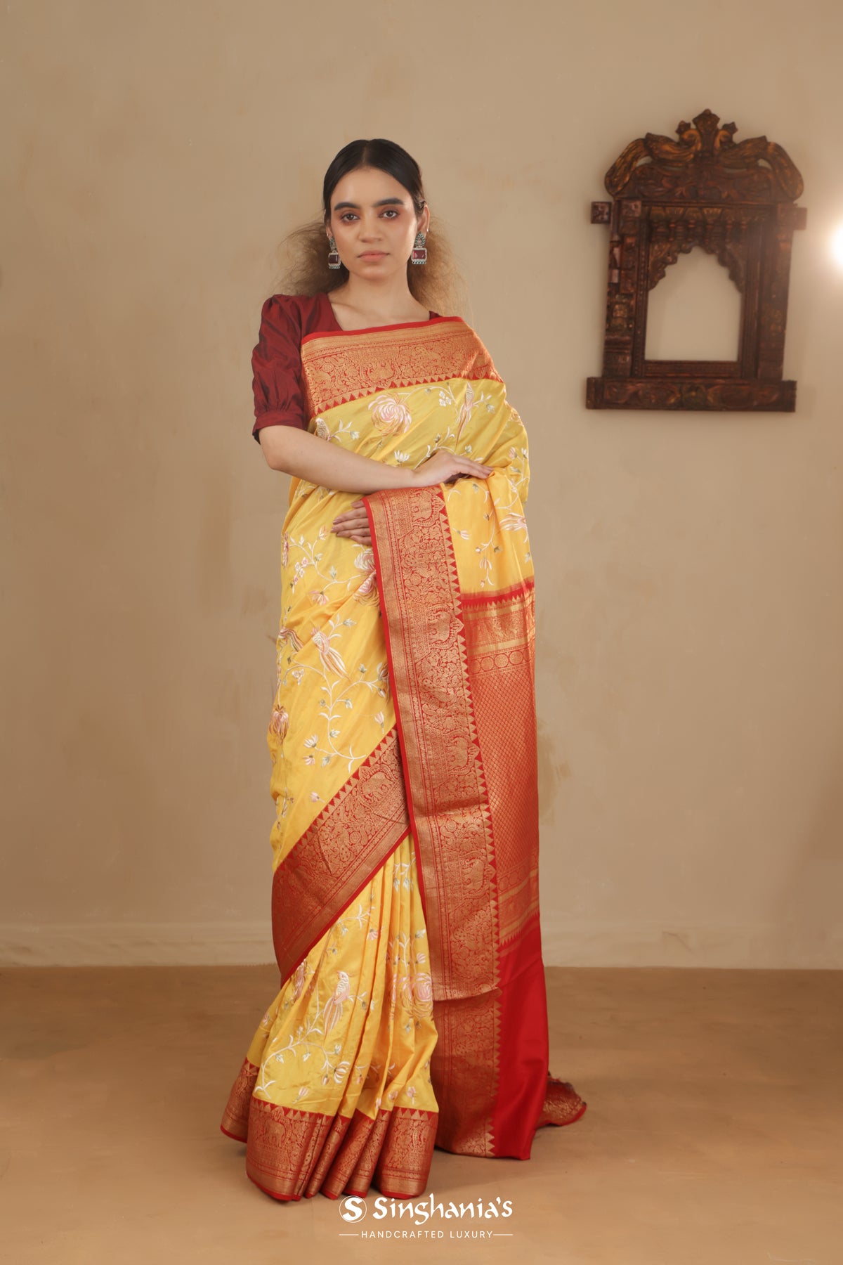 Bright Yellow Kanchi Saree With Floral Embroidery