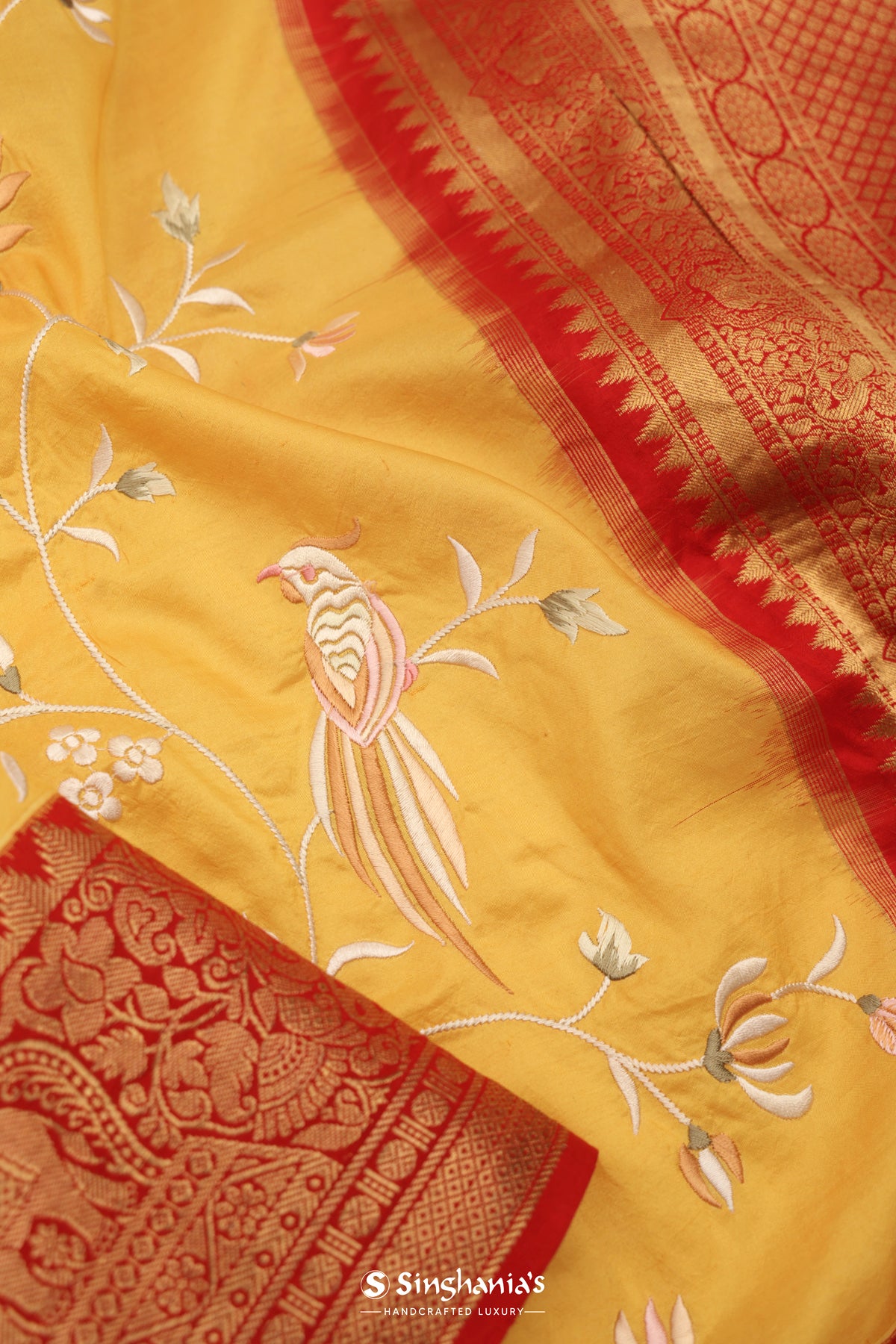 Bright Yellow Kanchi Saree With Floral Embroidery